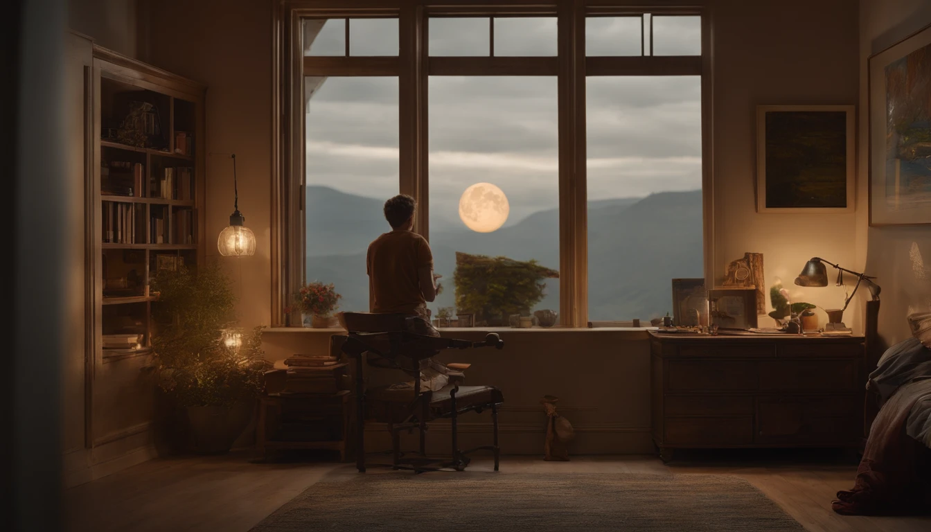 (masterpiece) a boy studying sitting in his room, over his desk, with headphones on, nerd decoration, pokémon plushies on the wall, posters, window showing the moon and stars, calm, peacefull, thinking, Unreal Engine 5, Cinematic, Color grading, Hyper-detailed, beautifully color-coded, insanely details, Intricate details, beautifully color-graded, illusory engine, editorial photography , photoshoot, Shot on 70mm lense, Depth of field, degrees of freedom, 32K, Hyper-Resolution,More detail