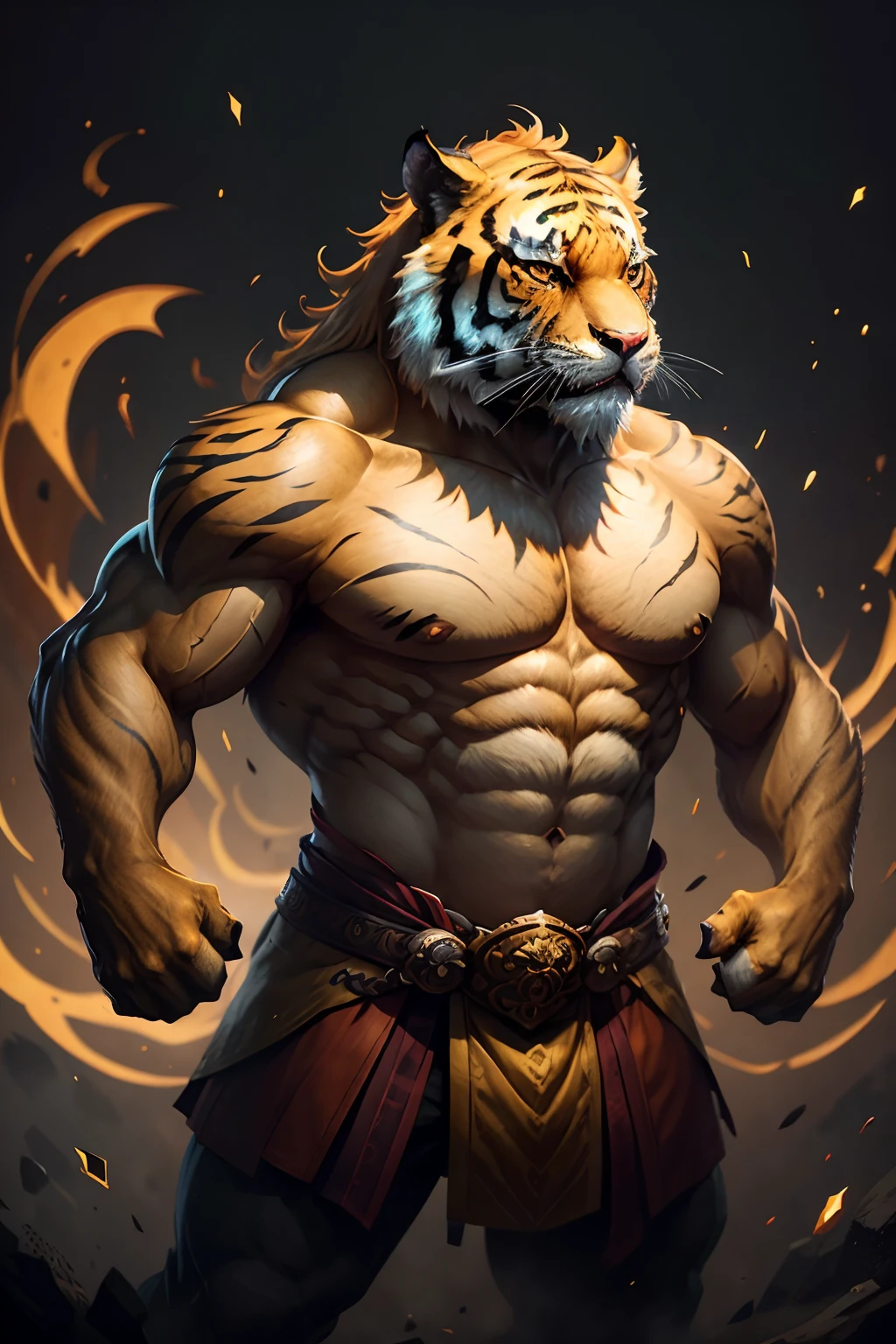 linhu，Solo,（Correct anatomy：1.7），（Leather collar：1.5），（Soft shadows），musculous， big muscular male， Bala， Mature male， of a shirtless，Blue loincloth，nipple bump，Large balls and sheaths，（Erection of the ：1.2），Detailed golden eyes, ，Tiger tail， Show muscles，Extremely detailed， Depth of field， Perfect lighting，Sharp people， Atmospheric， hyper photorealism，hyper HD， Detailed background， scenic， 3D， Light against darkness， Smoke，author：Rembrandt，