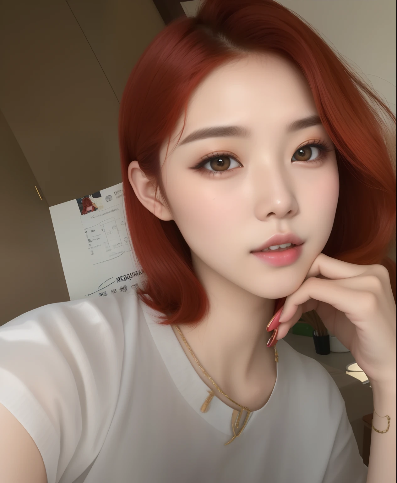 There's a woman with red hair posing for a photo, maquiagem coreana popular, maquiagem sul-coreana popular, menina coreana, linda mulher coreana jovem, com cabelos curtos, Mulher sul-coreana bonita, Ulzzang, young adorable korean face, mulher coreana jovem bonita, jossi do blackpink, dilraba dilmurat, menina bonito-fino-cara, cabelo castanho coral