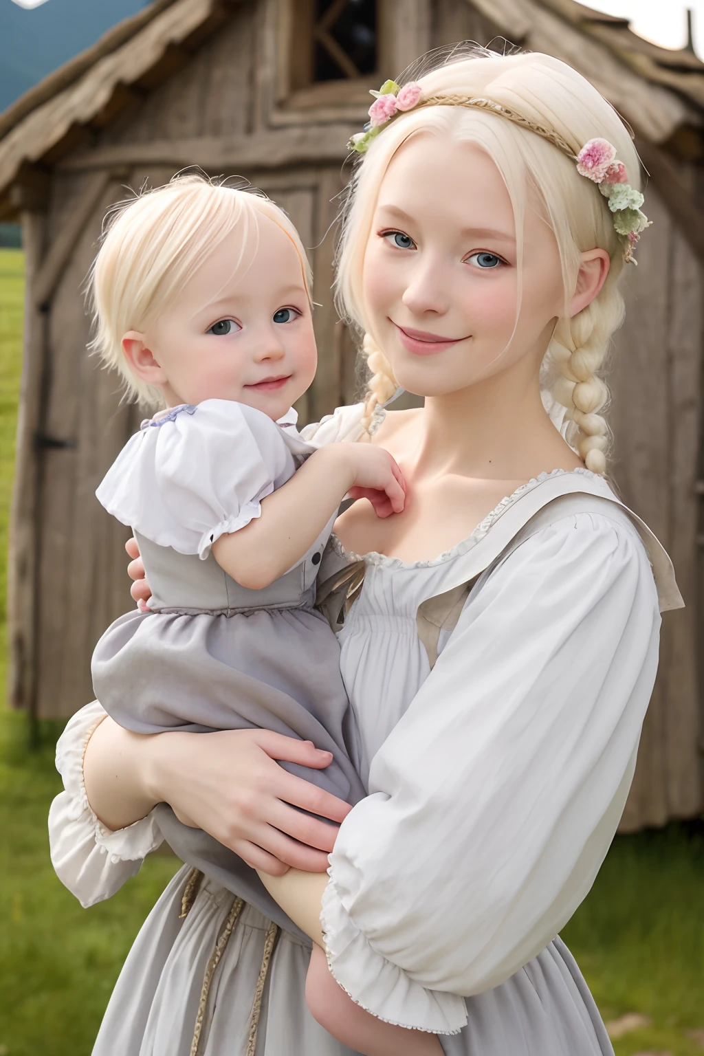 Medieval peasant girl,, beautiful face, narrow face,smiling,platinum blonde hair, porcelain skin,grey eyes, detailed eyes, medieval peasant dress, brown dress,tattered dress, slender body,holding baby, newborby, ou day,in front of cottage,straw roofed cottage