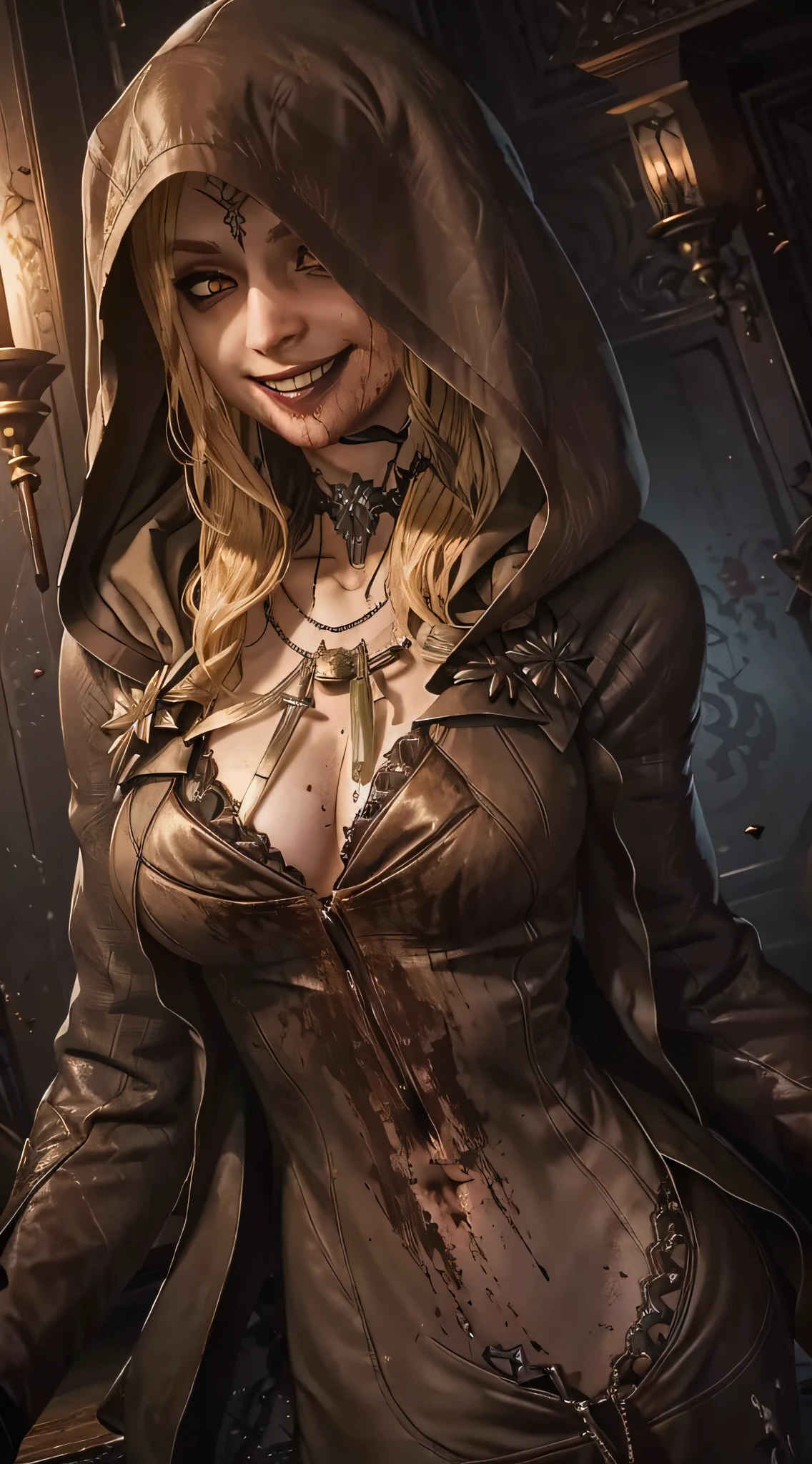 (masterpiece, best quality)
DanielaDimitrescu, 1girl, solo, long hair, breasts, looking at viewer, smile, blonde hair, jewelry, weapon, teeth, choker, hood, necklace, grin, blood, knife, realistic, evil smile, stitches