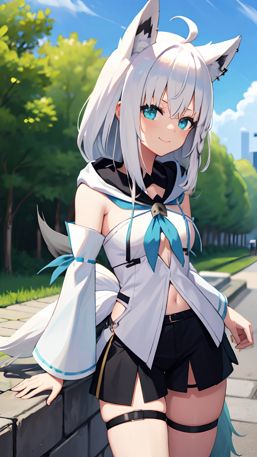 1girl in, Solo,, tree, cobblestone road, Cowboy Shot, [Leaning forward], Fubuki Default, White blouse, [Midriff::0.3], Detached sleeves, Black Short Shorts, Blue neckerchief, Thigh strap, single thighhigh, Fox tail, One-sided marshalling, Ahoge, White hair, Smile,look at viewer