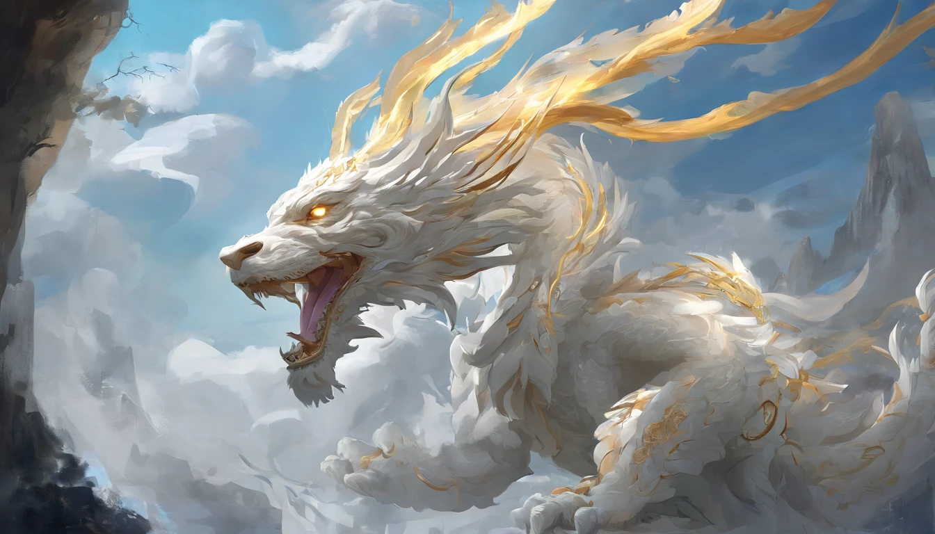 tmasterpiece、(white backgrounid:1)、White jade Chinese dragon surrounded by white clouds、Interior light and shadow、Tyndall Light、mist、Deities々Halo、Long wavy body、tusks、The upper part of the body、fanciful、ventania、mito、high high quality、The is very detailed、tmasterpiece、epic、Particle effect、Dynamic effects