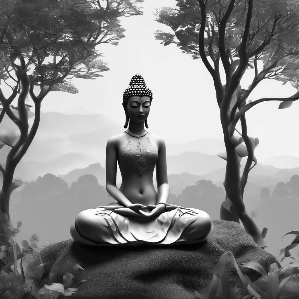(Masterpiece)"black and white images,Woman meditating in the forest,Used as illustration for fantasy role-playing games. The character should be depicted in full body on a white background, The monochrome style should highlight the presence of the character,Highlight the interplay of light and shadow, Add a touch of intrigue to the overall composition", "Best quality, Masterpiece, 超高分辨率, (photograph realistic:1.4), surrealism, Dream-like,fusionart,,"