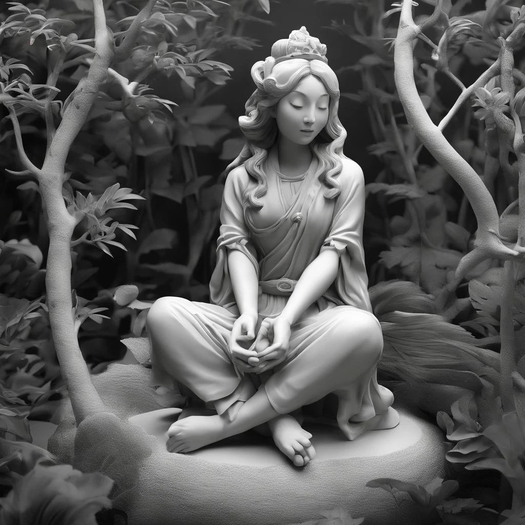 (Masterpiece)"black and white images,Woman meditating in the forest,Used as illustration for fantasy role-playing games. The character should be depicted in full body on a white background, The monochrome style should highlight the presence of the character,Highlight the interplay of light and shadow, Add a touch of intrigue to the overall composition", "Best quality, Masterpiece, 超高分辨率, (photograph realistic:1.4), surrealism, Dream-like,fusionart,,"