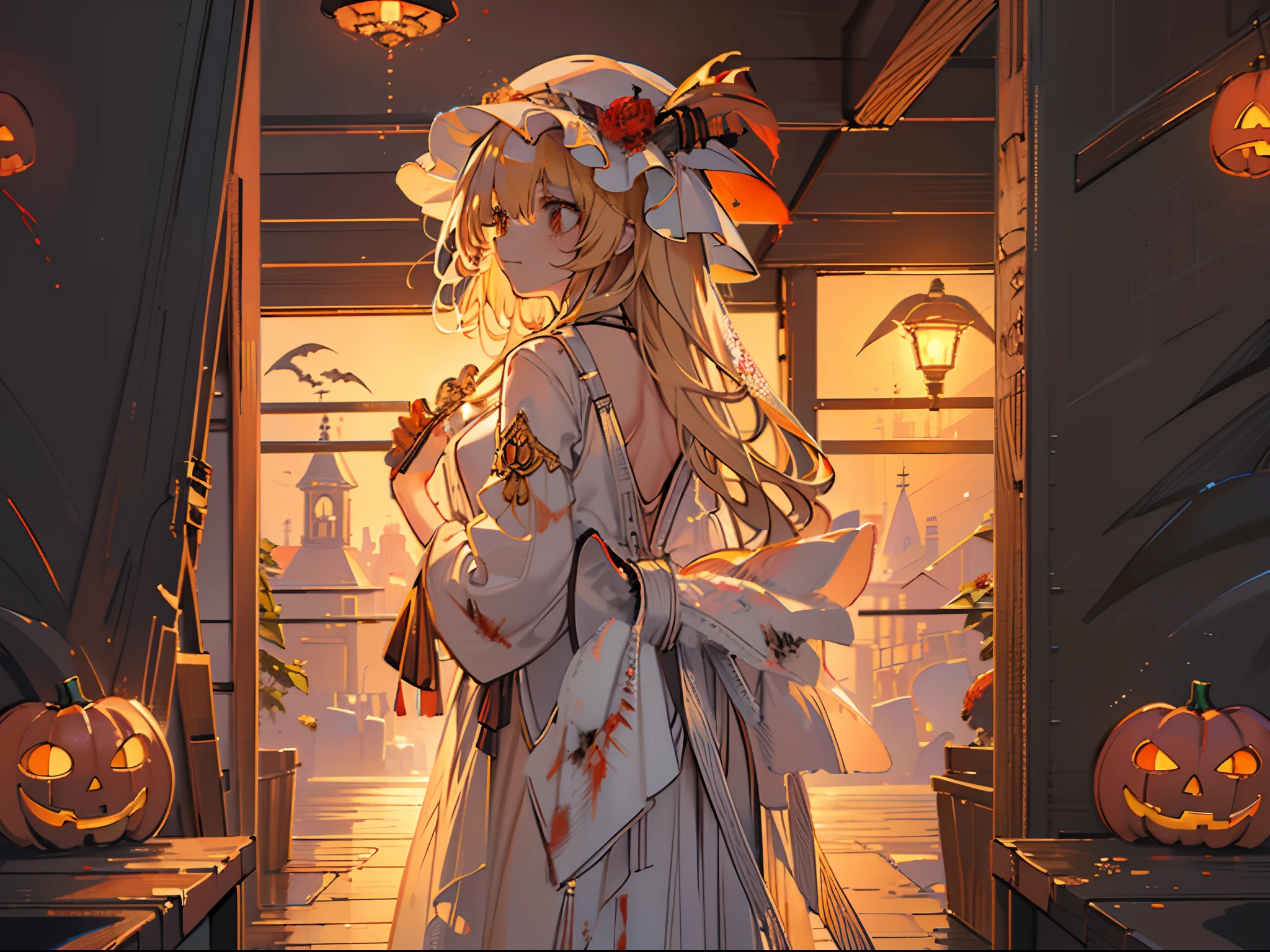 masutepiece, Fine detail, 4K, 8K, 12K, Solo, Solo, Beautiful Girl, caucasian female, Flanders Scarlet, Blonde, hat, feather, Western-style building, Indoor, Rose flower, blood splashing, Halloween, jack-o-lanterns, Stuffed bear