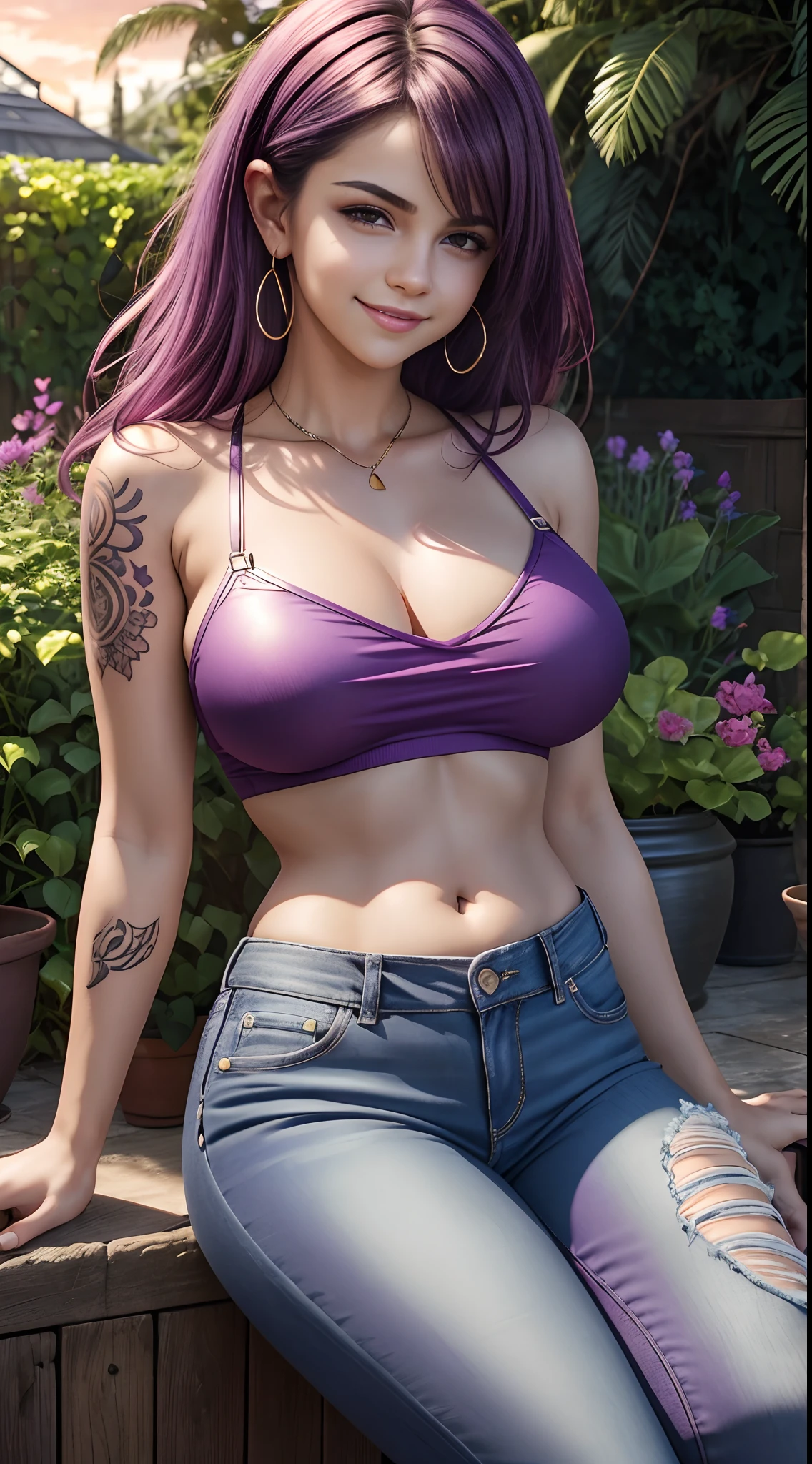(Huge smiling 0.6), (open mouth:0.4), (wide open eyes:1.2) masterpiece,high quality,4k ,((selena Gomez:Emma Watson:0.8)), purple hair,bare shoulder,belly, heavy Tattoos on the belly and Arms, wearing metallic pink crop top with open transparent shirt, outdoor, red eyes,jeans,casual dress, sitting in a garden, evening dusk time, ((extremely detailed face))