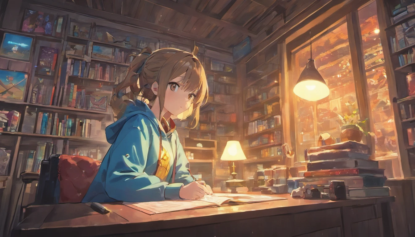 (masterpiece) a boy studying sitting in his room, over his desk, with headphones on, nerd decoration, pokémon plushies on the wall, posters, window showing the moon and stars, calm, peacefull, thinking, Unreal Engine 5, Cinematic, Color grading, Hyper-detailed, beautifully color-coded,