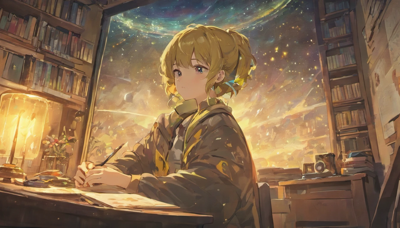 (masterpiece) a boy studying sitting in his room, over his desk, with headphones on, nerd decoration, pokémon plushies on the wall, posters, window showing the moon and stars, calm, peacefull, thinking, Unreal Engine 5, Cinematic, Color grading, Hyper-detailed, beautifully color-coded,