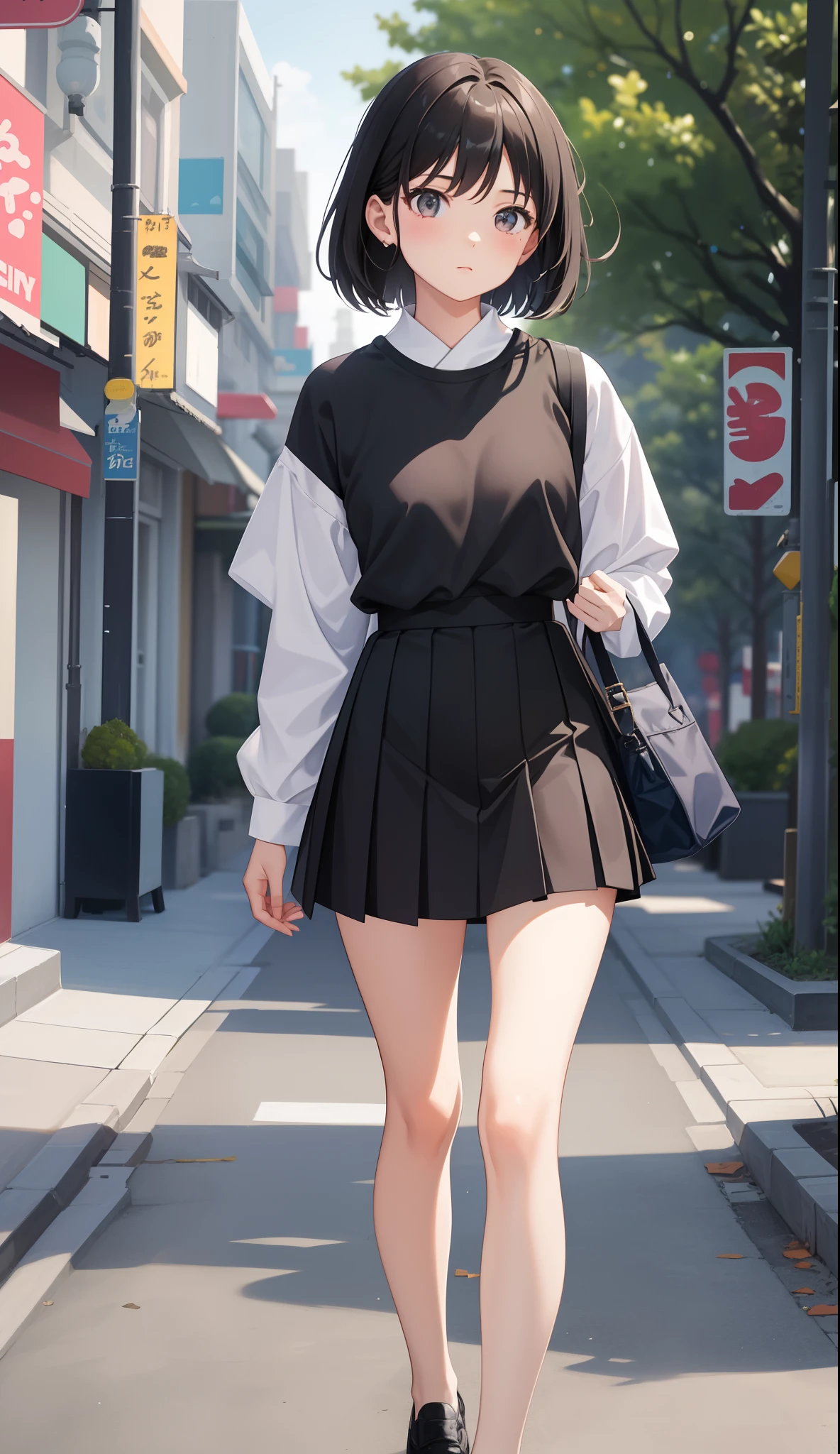 1girl in、The shirt、skirt by the、（small tits）、Walking with a thigh、Upper body portrait、