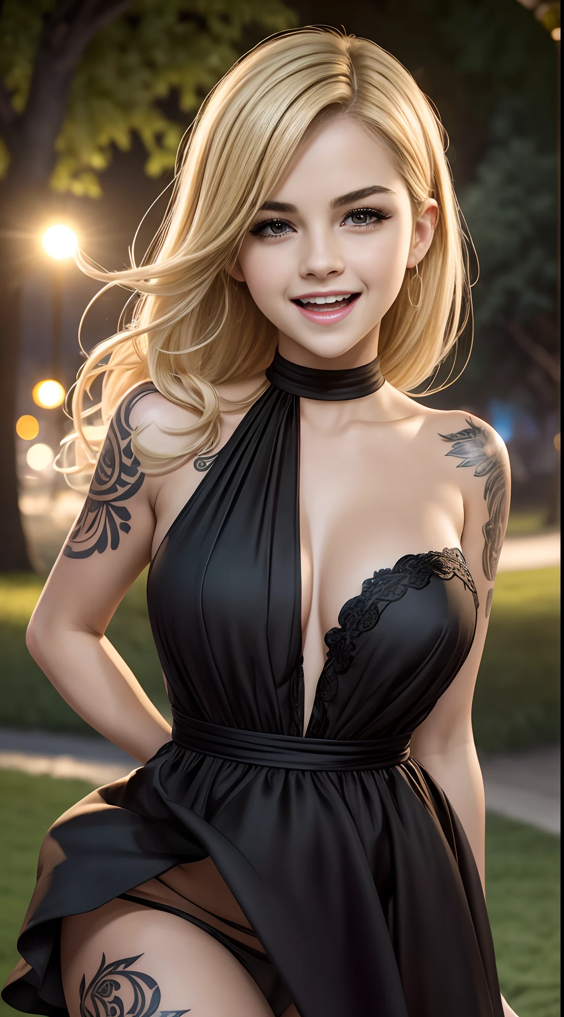 huge Laughing:0.4), (open mouth:0.3),((Happy Face)), (wide open eyes:1.2) masterpiece,high quality,4k ,((selena Gomez:Emma Watson:0.8)), adult, 30 years old, blonde hair, bare shoulder,belly, heavy Tattoos on the belly and Arms, Little black dress. , in a park, evening dusk time((extremely detailed face))