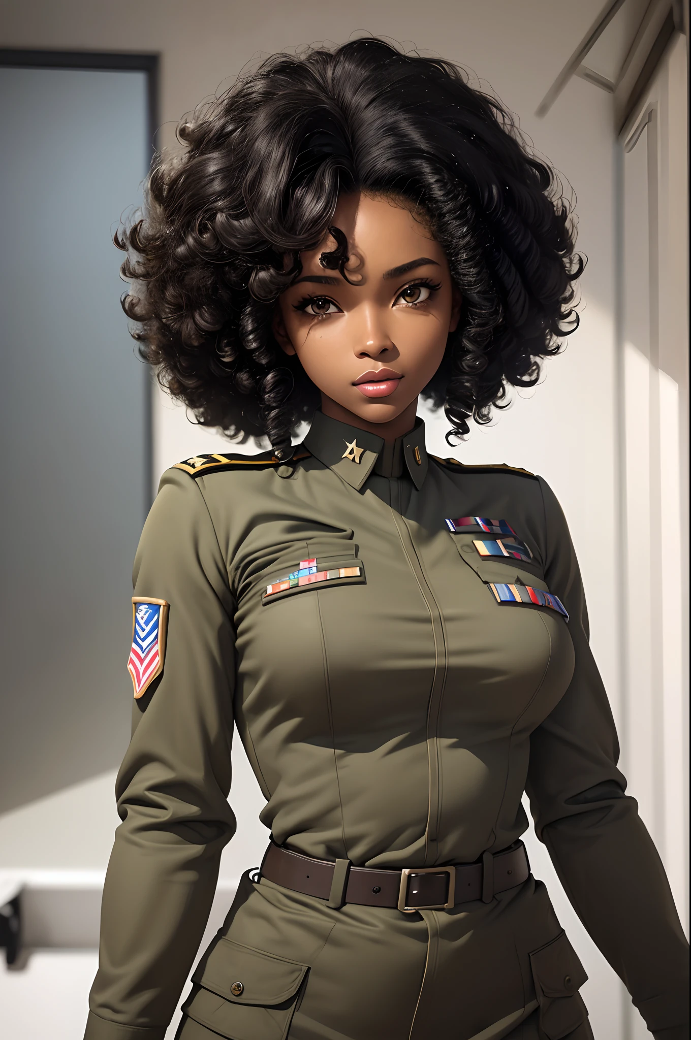 (masterpiece, best quality), deep ebony 1girl, beautiful face, curly curls afro (wearing American army uniform) (WWII)