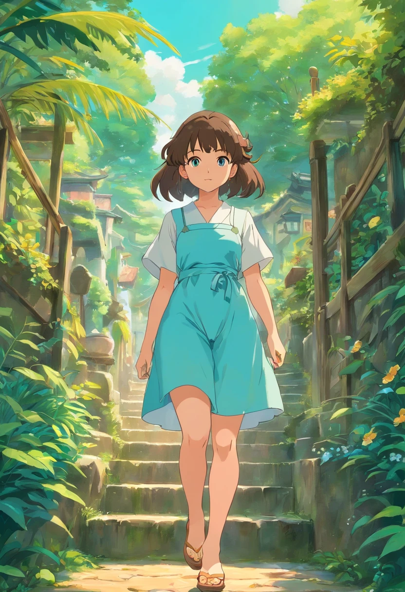 Duas meninas usando uma touca, uma saia curta e brincos, no estilo de paisagens de jardim tranquilas, animated color photos, Masami Teraoka, aquamarine, Paulo Gauguin, Estilo Embry, retrato honesto