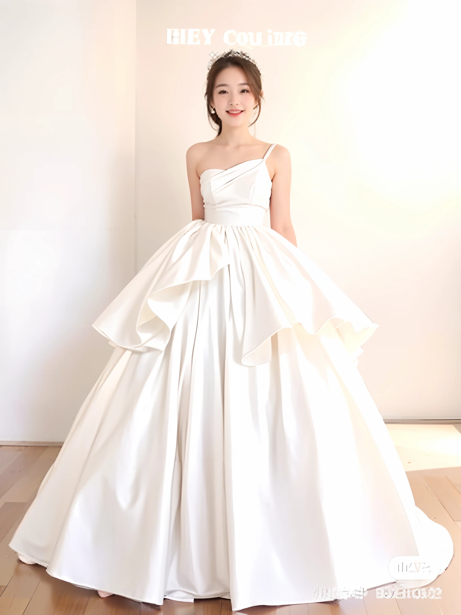 1girll,Solo,dress,Long hair,Realistic,White dress,Brown eyes,Bare shoulders,head gear,view the viewer,Brown hair,Black hair,Wedding dress,No shoulder strap,Smile,Strapless dress,Lips