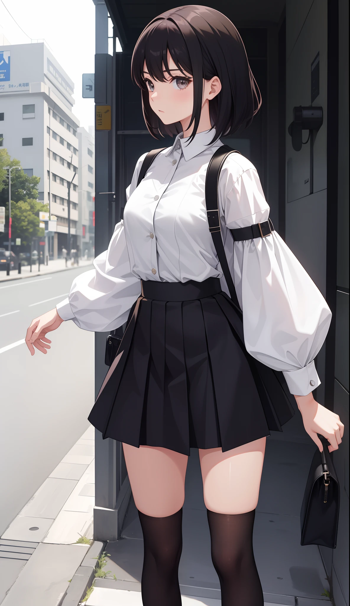 Anime girl in a short skirt and white shirt standing on a sidewalk ...