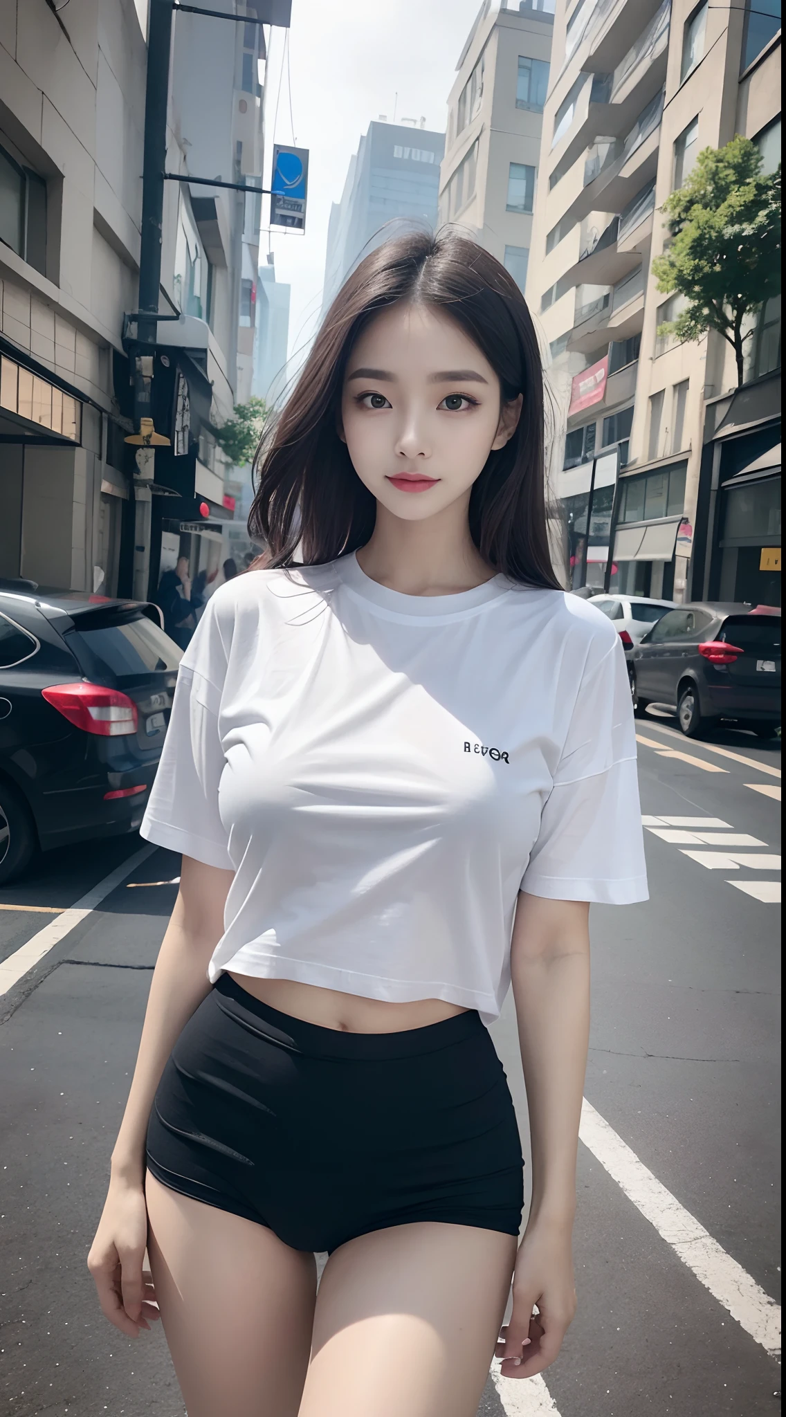 It was raining heavily, Best quality, 4K, 8K, Detailed faces, Beauty girl, Korean makeup,  Kaihuai, Perfect body, Medium breasts, upper legs, Platinum hair, Girl in long t-shirt, T-shirts only, and thigh T-shirts, thin tshirt, T-shirt underwear, streetview,