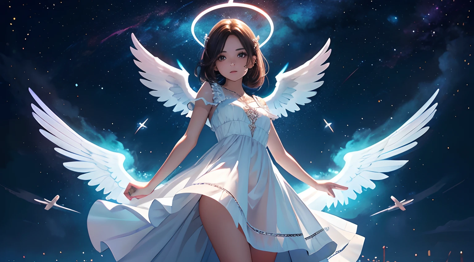 girl angel, full body, lindas asas, dress, halo, brilho celestial, postura graciosa, beleza encantadora,(melhor qualidade, Ultra-detailed lighting,)