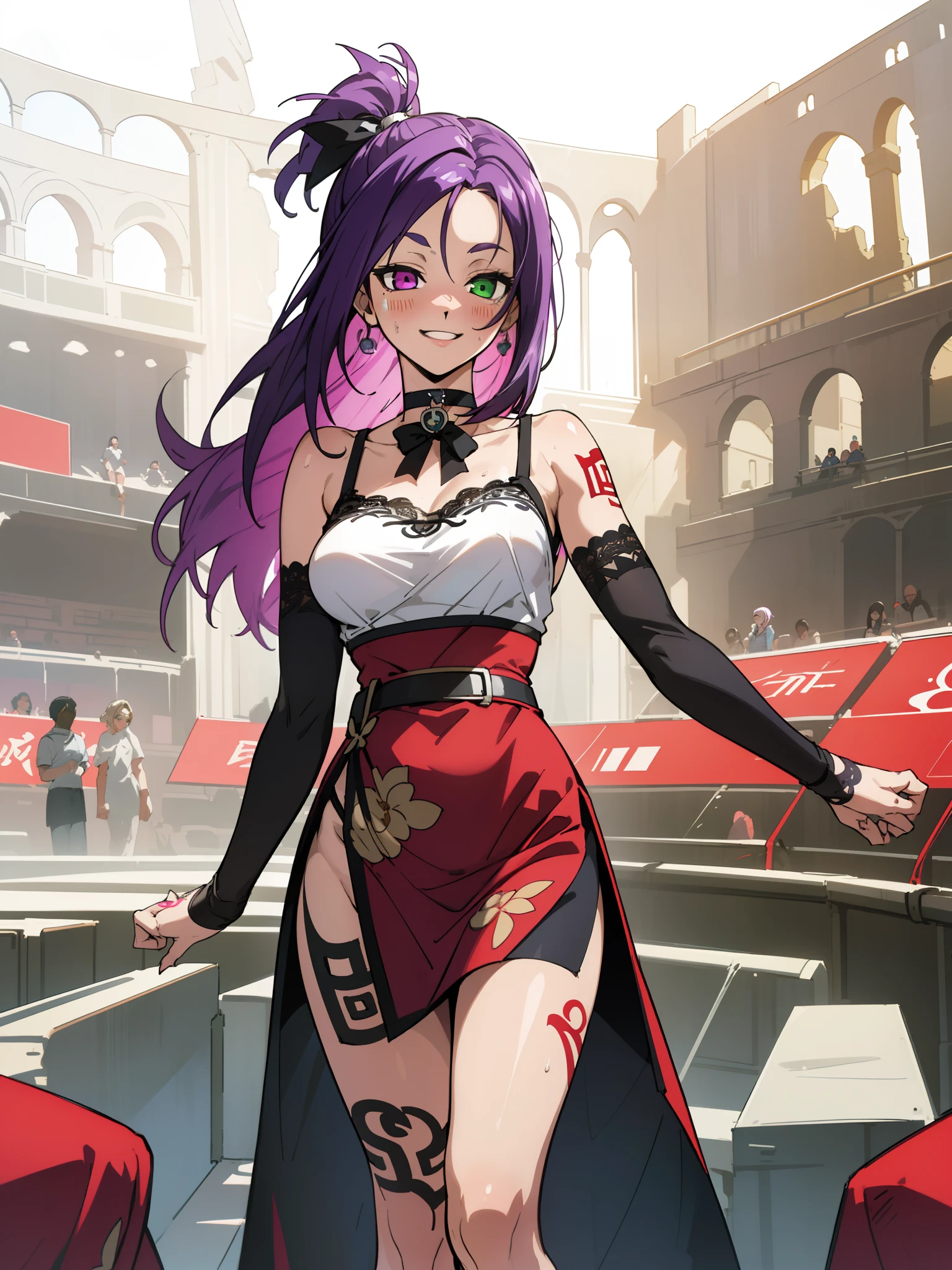 Colorful, Up-close, purple color  hair, Ultra-realistic hair quality, Vibrant colors, Young Girl, 14years old girl, Beautiful long hair, Shiny hair, detailed hairs, Hair Ribbon, Single-sided up, Reo Mikage, Blue Lock, no sleeves, Sleeveless, open shoulders, Camisole and cheongsam, Blue Camisole, cheongsam with panniers, Dress, Lace dress, long dress, Chest exposure, Lace underwear, Metamorphosis is exposed, buckle, Choker, Black Choker, complete fingers, Five Fingers, Two arms, Two hands, The tattoo, body tattoo, arm tattoos, Blue Rose Tattoo, Tattoo on the wrist, Tattoo on the thigh, Relative area, Sexy breasts, Big breasts, red blush, 1girl in, Solo, Sharp face, Heterochromia, Green eyes, Purple eyes, Bare neck, Happy face, light smile, skirt in dress, pannier in dress, torn dress, tattered dress, Beautiful sky, shining sky, Roman Colosseum, stand on stage.