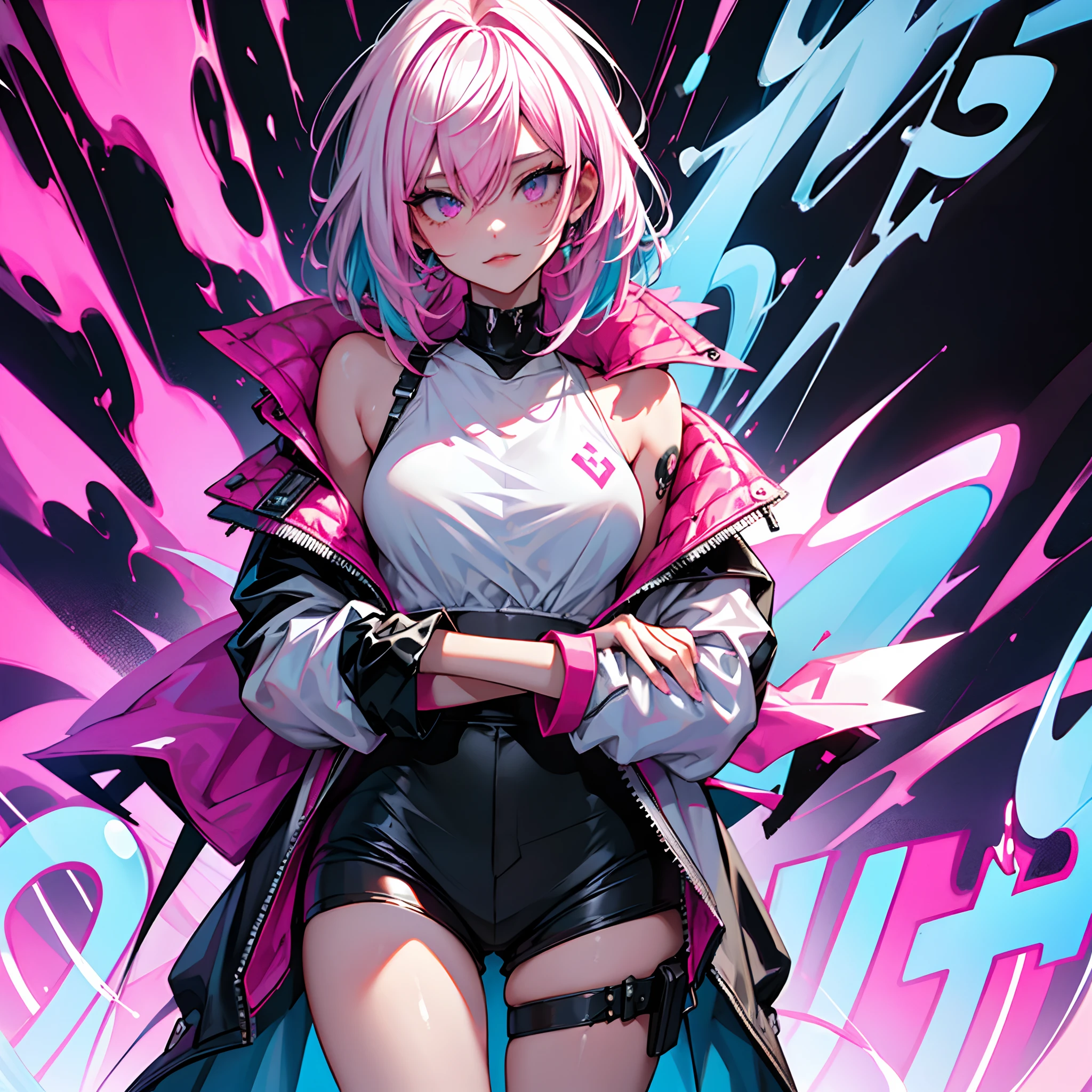 girl, white pink hair, cool black open short jacket labeled "CruciA", tatoos, messy fade cut hair, crazy, stand pose, on futuristic neon night street background,poser, fuchsia, indigo, cyan