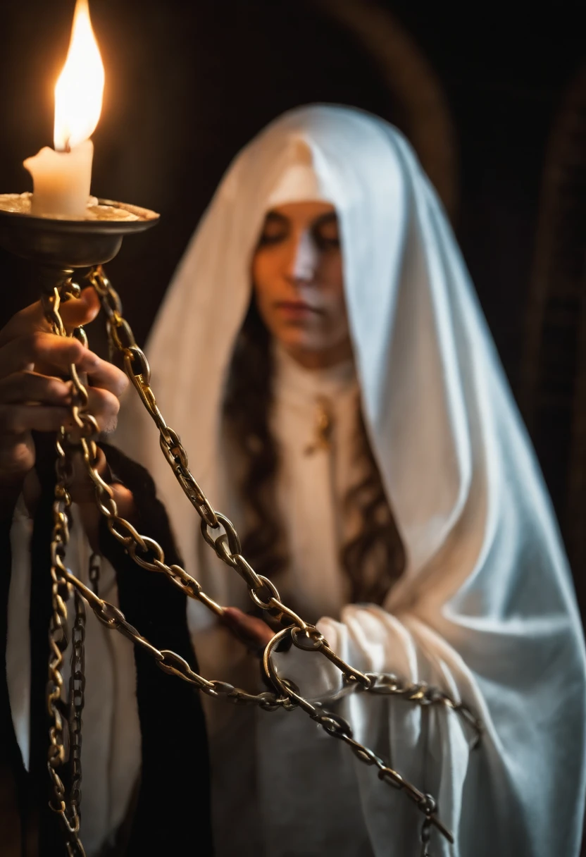 The black robe of the nun，White headband，Magical maiden,Each hand holds a candle，The body is wrapped in chains，Behind bars, terroral, Halloween, photograph of-realistic