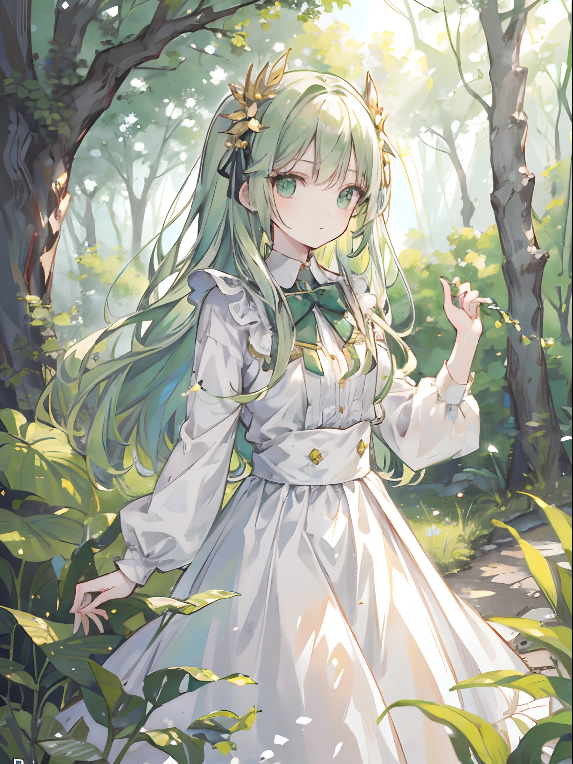 tmasterpiece，HighestQuali，1girll，Light green hair，Green eyes，a white long skirt，ln the forest，Foliage，rays of sunshine