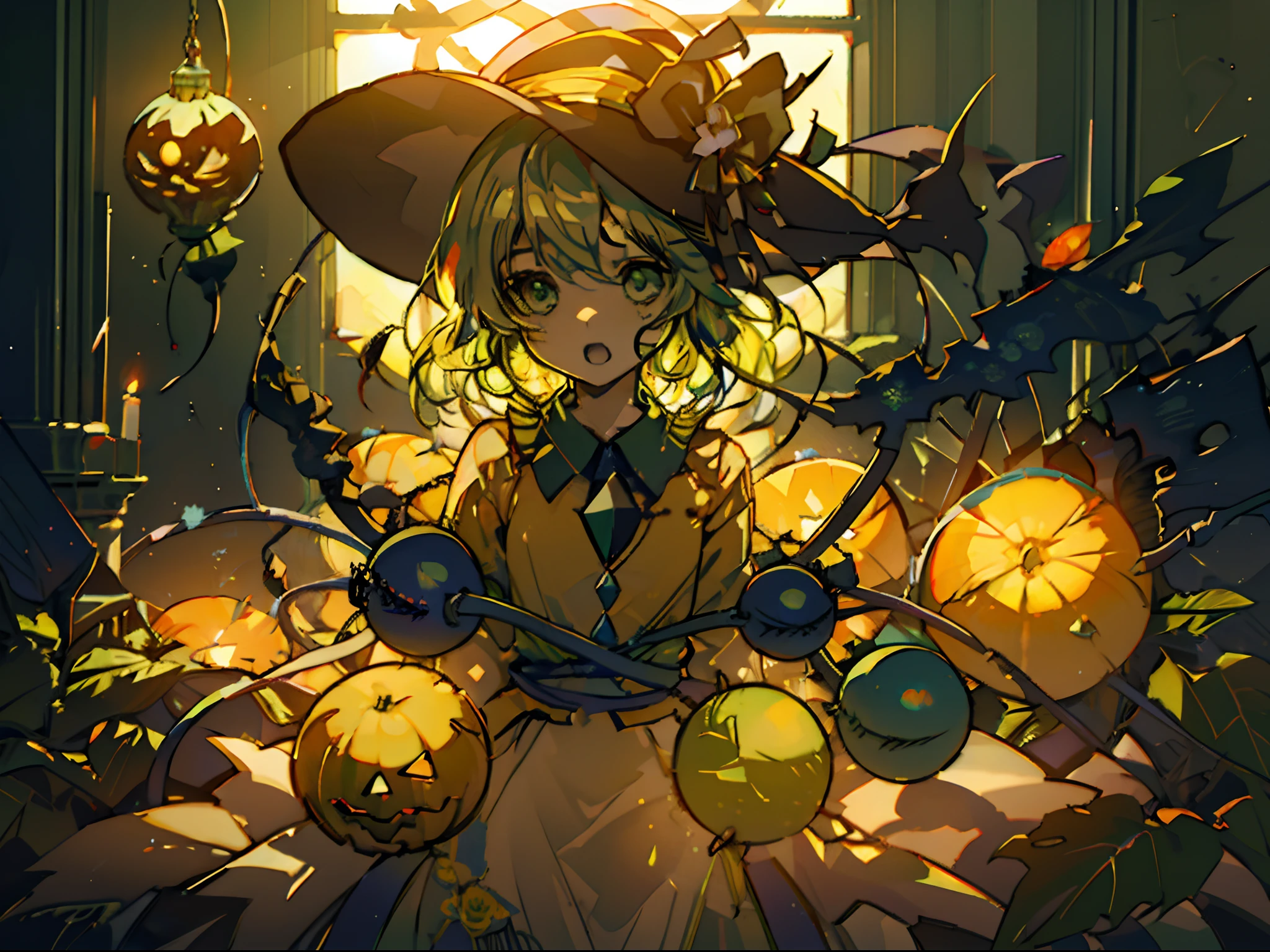 Masterpiece, fine detail, 4k, 8k, 12k, solo, solo, beautiful girl, white woman, Koishi Komeiji, green hair, hat, feathers, church, stained glass, indoor, rose flower, blood splatter, Halloween, jack o lantern, yellow rose