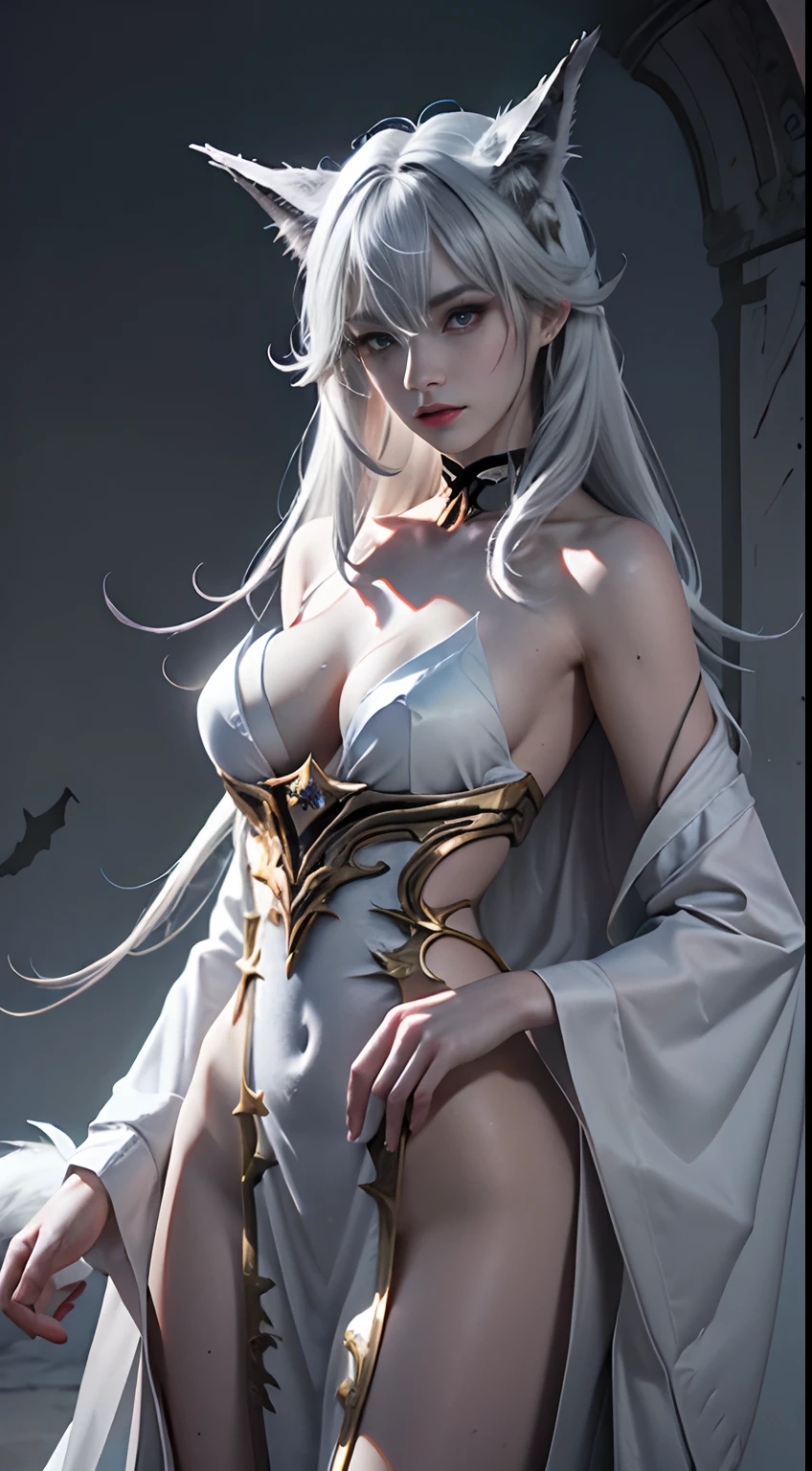 (Best Quality,4K,High resolution), Demon Fox，Nine Tails(Best Quality,4K,High resolution),silvery-white hair on a white body, Body with white hair all over the body,， transform,An abnormal，sharp eye，Glowing blue eyes，Facial expression enhancement，，Changing the Appearance of a Transform，beast，Beastification，buttle，Delicate illustrations drawn in detail，Realistic skin texture expression，Realistic portrayal，Vibrant colors，expresive，Classic background(Best Quality,4K,High resolution), Comical appearance，(Best Quality,4K,High resolution), 18yo woman, Blue highlights of gray hair, Long straight hair, Lustrous hair, dishevled hair，Cool Woman,Demon Fox，Nine Tails、Cold eyes ,sharp eye，intricately decorated torn feather robes，comic strip，animesque，Comical illustration，busy，Deformed cute illustration，Full body projection，Fighting，Halloween，Dark worldview