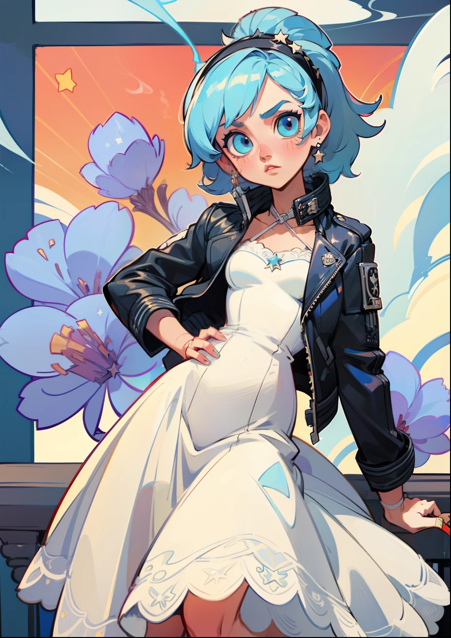 masterpiece:1.5, intricate details:1.3, best quality, ultra-detailed:1.3, 8k, cute, (Ramona_flowers), blue hair, hair collected, (leather jacket) (white wedding dress, black jacket)+, relax, serious, (cigarette)+, with her elbows leaning on a railing, big eyes, (black headband with a star)+, art by Scott Campbell, art by artgerm, arms, hips, vibrant colors