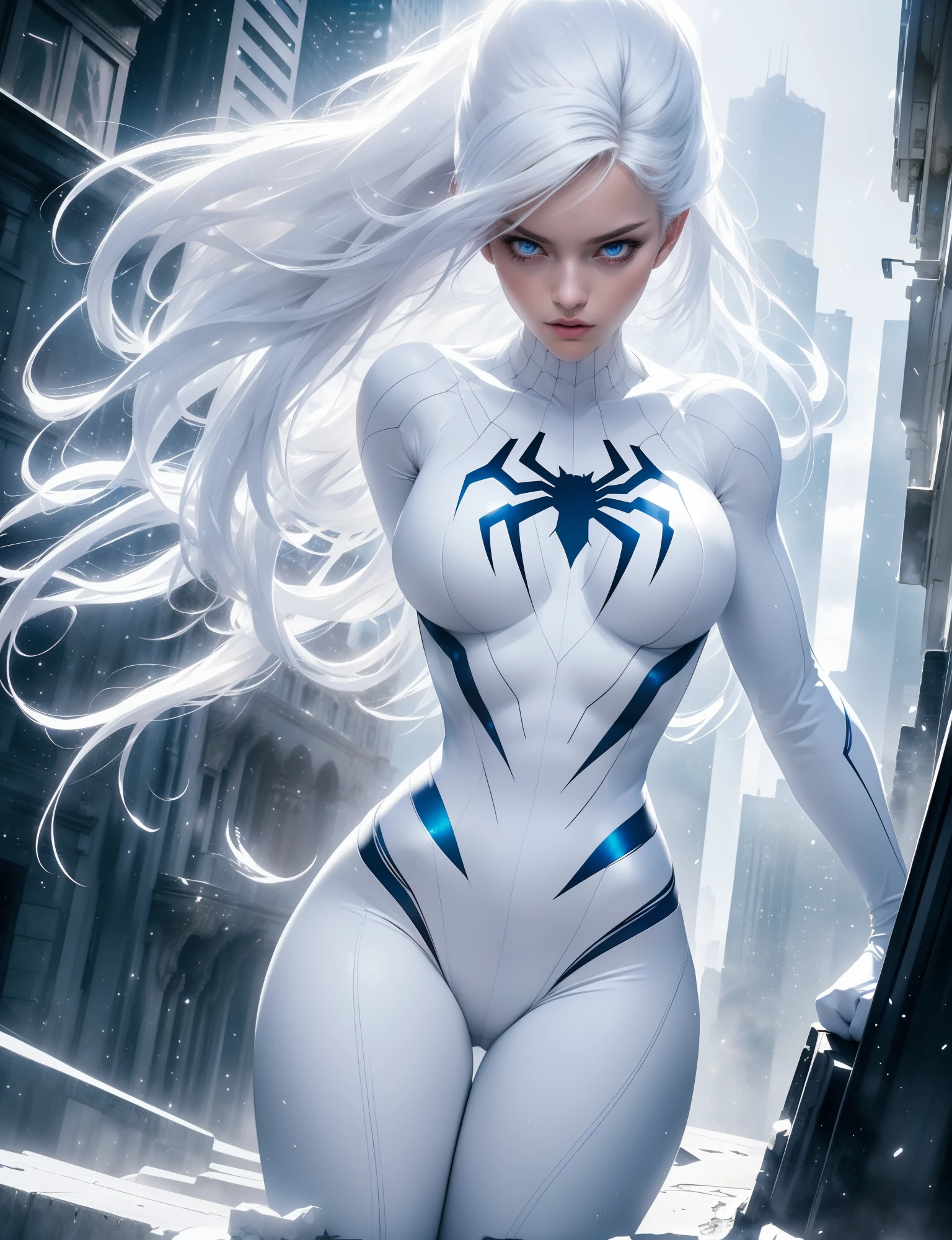 (Masterpiece, 4K resolution, ultra-realistic, highly detailed), (White costume superhero theme, charismatic, girl on top of the city, wearing white Spider-Man costume, superheroine), [((23 years old), (long white hair:1.2), full-body, (blue eyes:1.2), (Spider-Man dynamic poses) ((gritty urban environment):0.8)| (urban landscape, nighttime, dynamic lights), (full moon))]