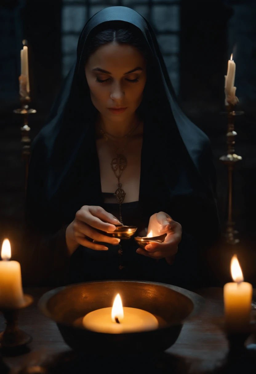 A realistic nun with black hair with candles is making candles in a candlestick bowl , The environment is dark and mysterious,But romantic. Magic in the air. she is looking at the camera . She has a lock as a necklace