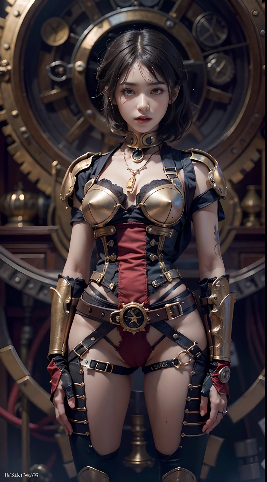 Steampunk, a heavy atmosphere, (NSFW), 1womanl, 独奏, 24 year old, 7headed body, (Ideal ratio body proportions), (Composition from head to thigh), erectile nipple, Sexy body, Wet, short-hair, Dark hair, small tits, A slender, Small buttocks, beauty legs, Skinny Legs, surrealism, Cinematic lighting, depth of fields, One-person viewpoint, F/1.8, 135 mm, nffsw, masutepiece, ccurate, ((Anatomically correct)), Textured skin, Super Detail, high details, High quality, awardwinning, Best Quality, hight resolution, 8K