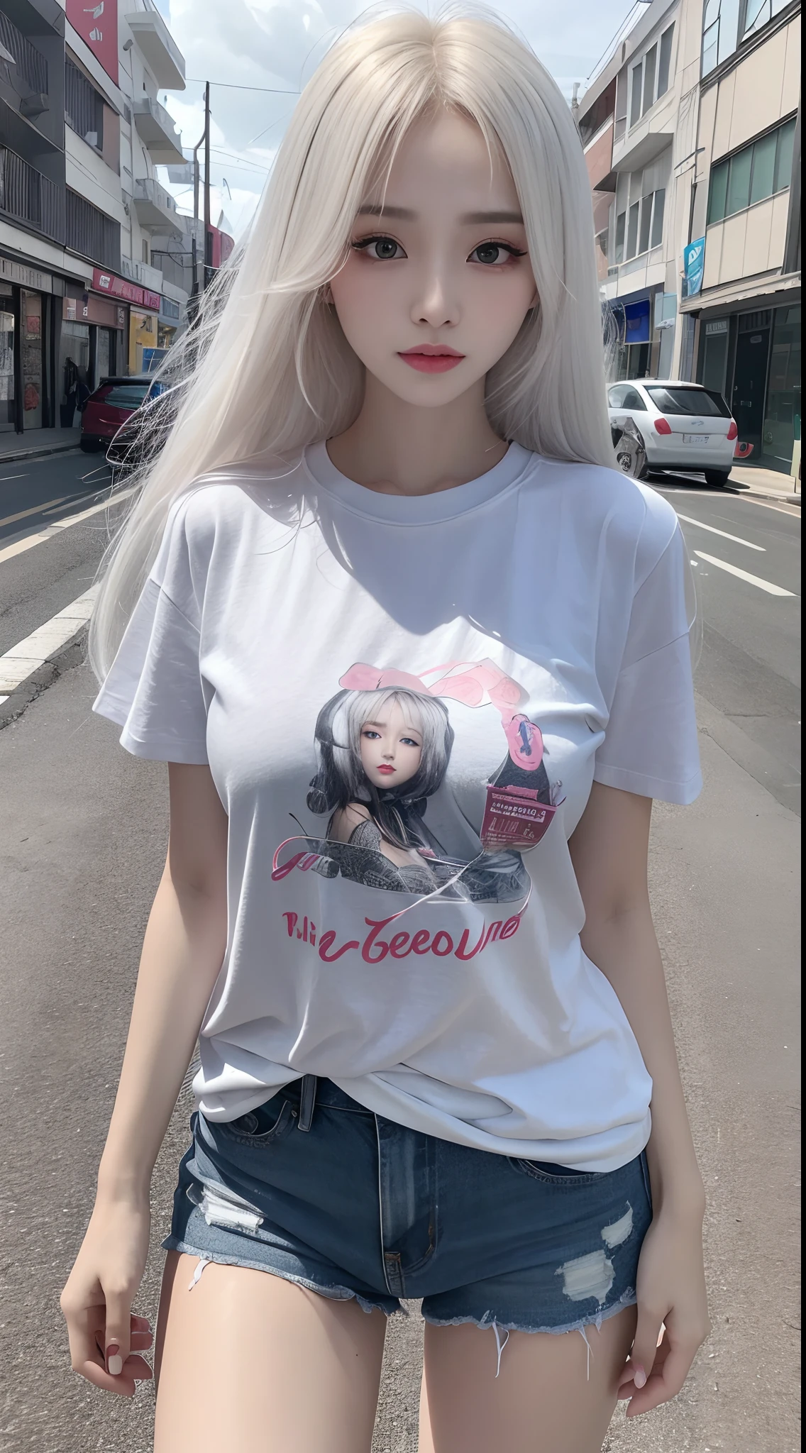It was raining heavily, Best quality, 4K, 8K, Detailed faces, Beauty girl, Korean makeup, Kaihuai, Perfect body, Medium breasts, upper legs, Platinum hair, Girl in long t-shirt, T-shirts only, and thigh T-shirts, thin tshirt, T-shirt underwear, streetview,