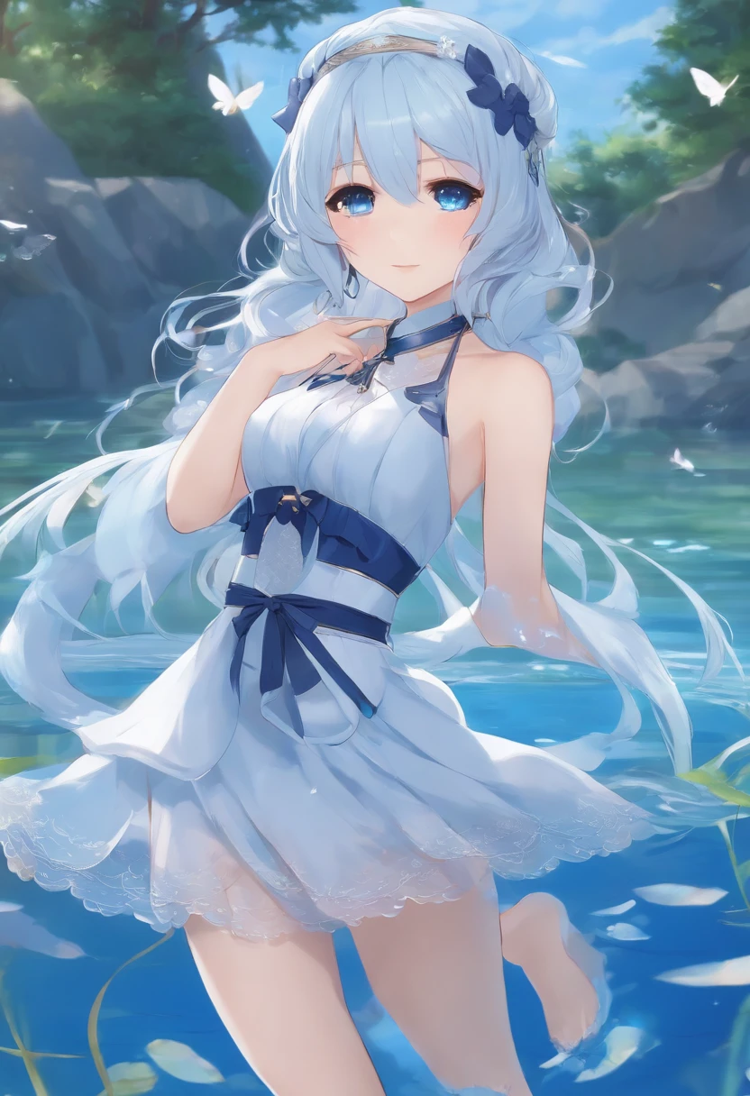 Pale cute anime girl in a short blue dress posing next to a Genshin Impact style lagoon