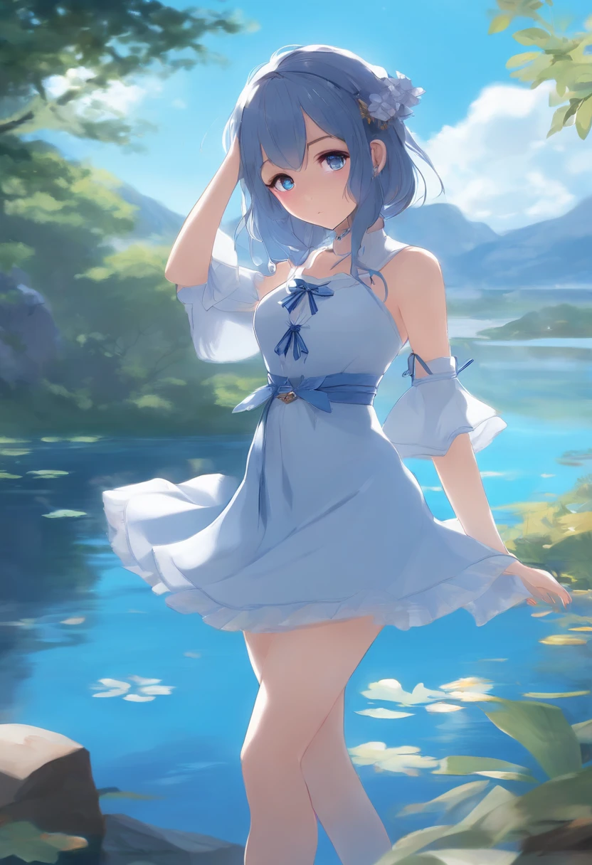 Pale cute anime girl in a short blue dress posing next to a Genshin Impact style lagoon