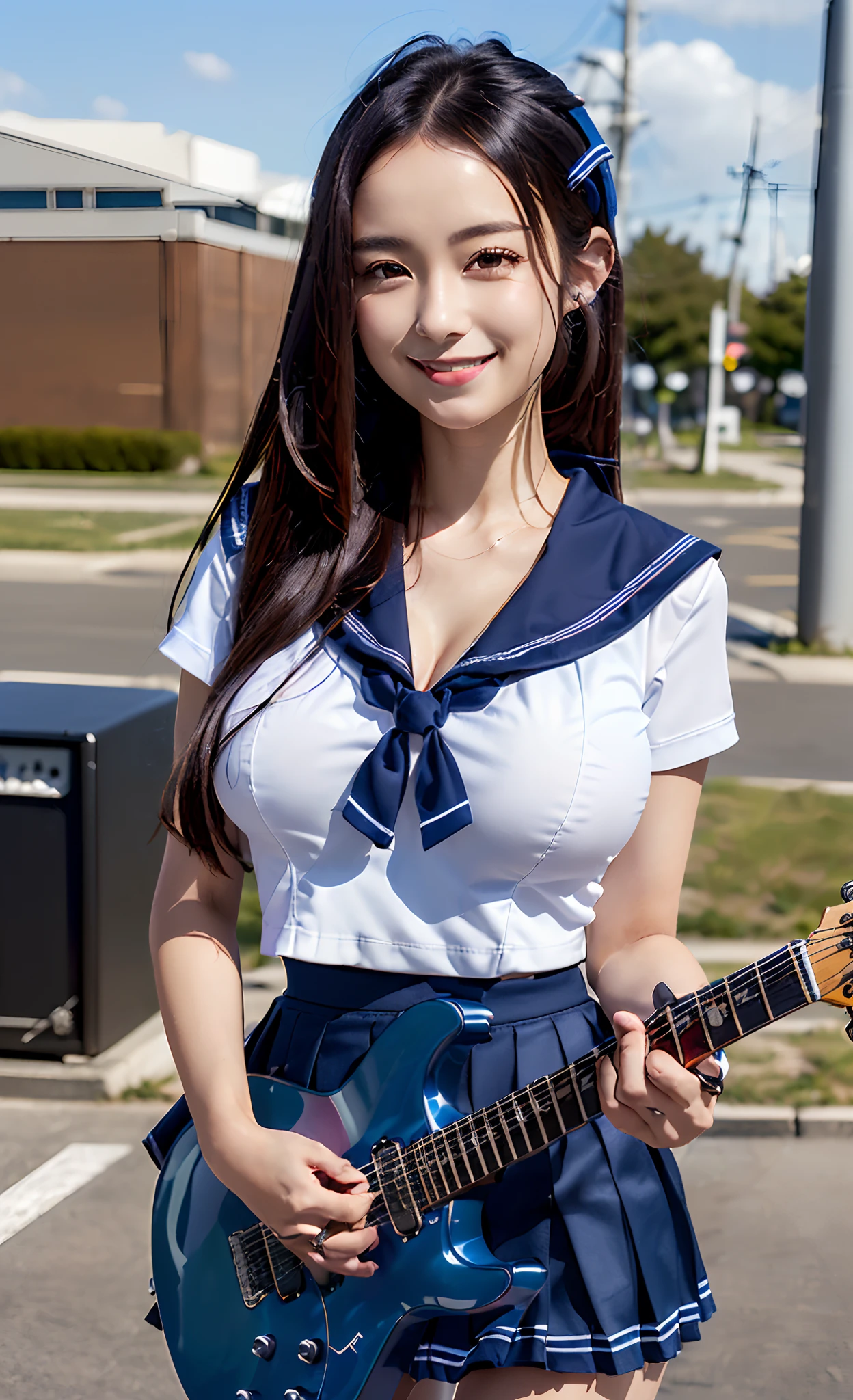 (8K, 超A high resolution, Best Quality, masutepiece:1.1),(18year old:1.1)、(Look away)、8K、RAW portrait of japanese girl、Photorealsitic、超A high resolution、top-quality、 (quite massive chest、rather large breasts、Toned and slender body:1.15)(Electric guitar player、plays the electric guitar、a sailor suit、Check Pleated Mini Skirt、Twosome schoolgirls:1.25) (High School Girl Light Music Club、quite massive chest、rather large breasts、Hide all breasts、Black hair straight hair、 Super cute、Cute smile、Mini skirt sailor suit:1.6)