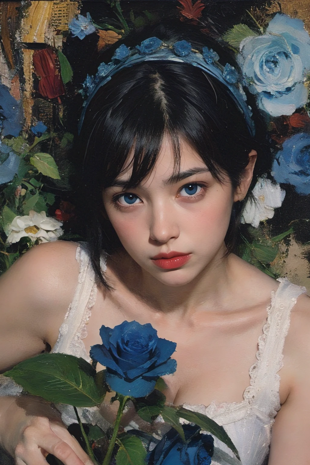 (oil painting:1.5),
\\
a woman with (black short hair with fringe) (blue eyes) and blue rose flowers in her hair is laying down in a field of blue rose flowers, (amy sol:0.248), (stanley artgerm lau:0.106), (a detailed painting:0.353), (gothic art:0.106)