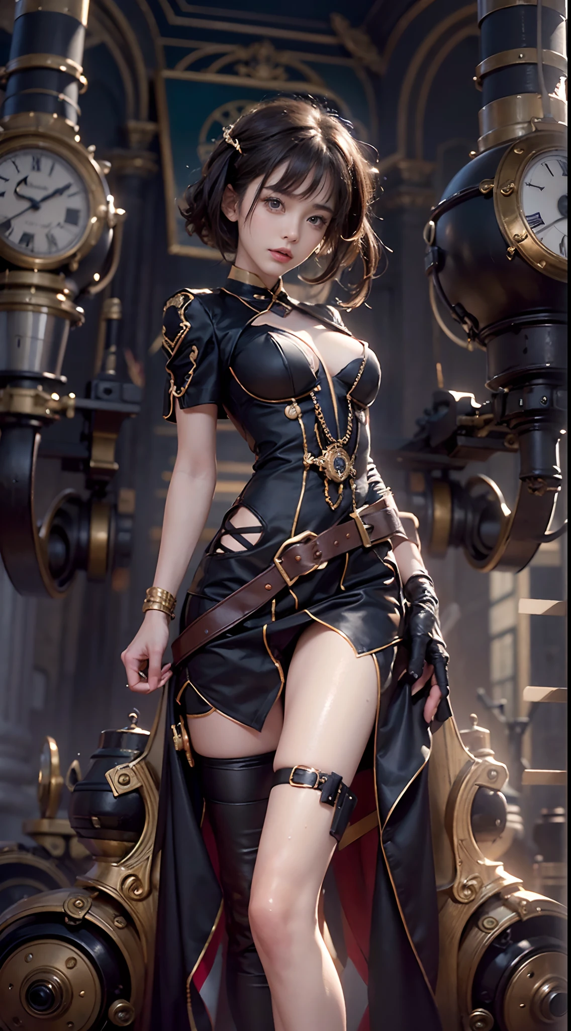 Steampunk, a heavy atmosphere, (NSFW), 1womanl, 独奏, 24 year old, 7headed body, (Ideal ratio body proportions), (Composition from head to thigh), erectile nipple, Sexy body, Wet, short-hair, Dark hair, small tits, A slender, Small buttocks, beauty legs, Skinny Legs, surrealism, Cinematic lighting, depth of fields, One-person viewpoint, F/1.8, 135 mm, nffsw, masutepiece, ccurate, ((Anatomically correct)), Textured skin, Super Detail, high details, High quality, awardwinning, Best Quality, hight resolution, 8K