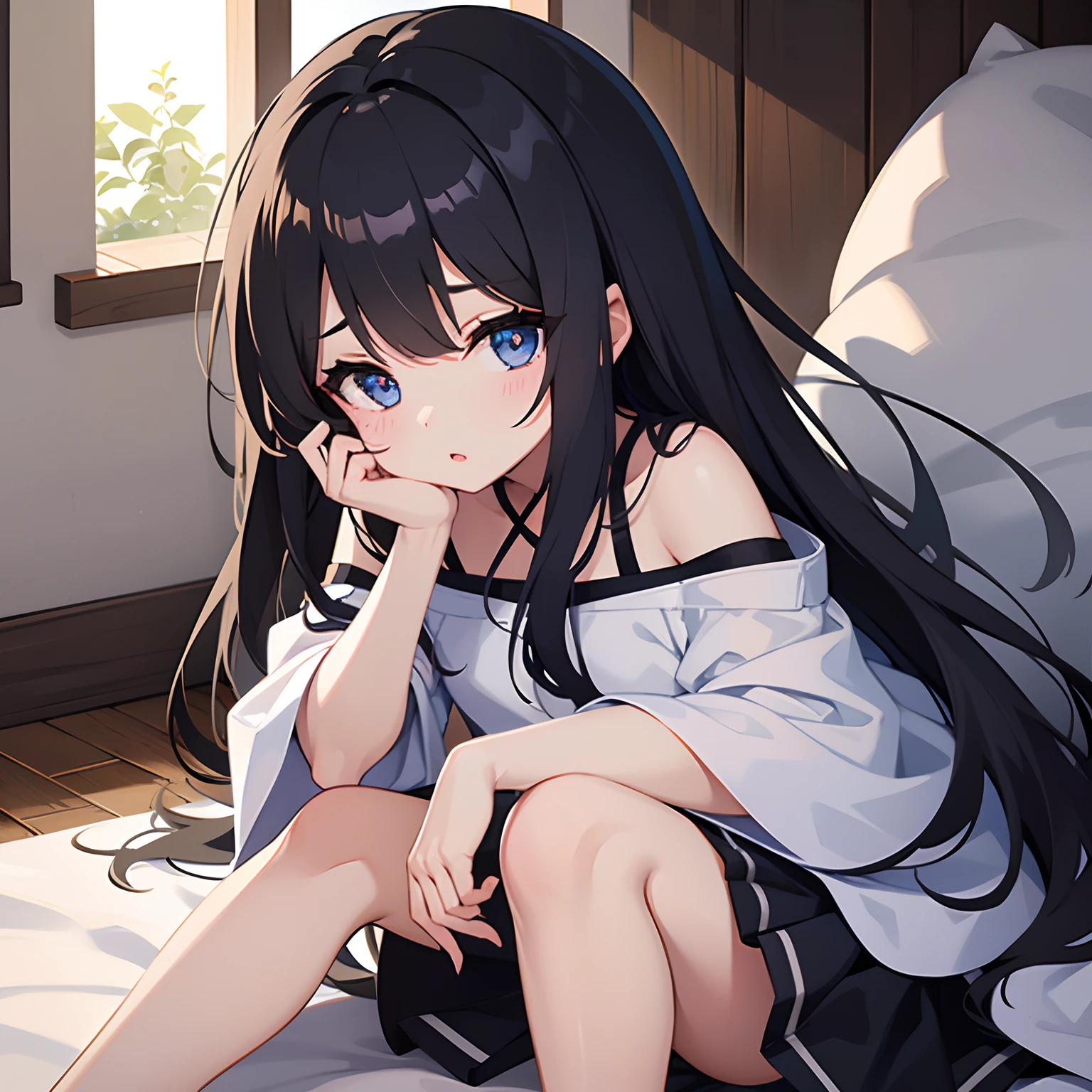 (masterpiece, best quality), warm lighting, blurry foreground, 1 girl, cowboy shot, ((white lace dress)), (((fluffy hair))), makeup, finely detailed, (best quality), (intricate details), ((Long jet black hair)), ((Hair is fluffy)), best quality, (PJs), ((round eyes)), beautiful face, cute face, pinup, perfect face, (((blue eyes))), ((curly long hair)), ((scared expression)), (In victorian style bedroom, in bed), (staring at POV scared)
