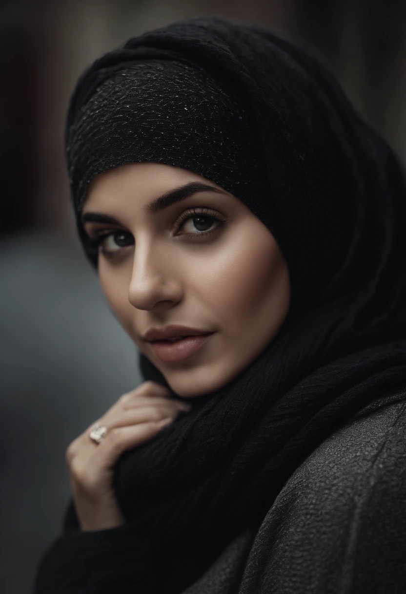 hiper-realista), (illustration), (high resolution), (8k), (extremamente detalhado), (best illustration), Seios pequenos, nu, Nus, Hijab Pashmina, black sweater