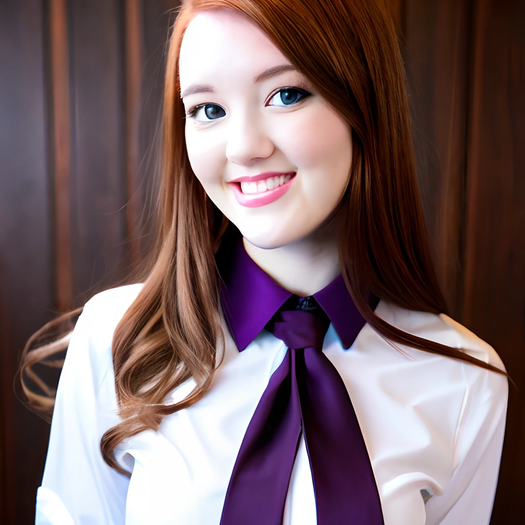 Woman with auburn brown hair, white tucked shirt with a collar and PURPLE tie, black pleated skirt, beautiful, brown eyes, big chest