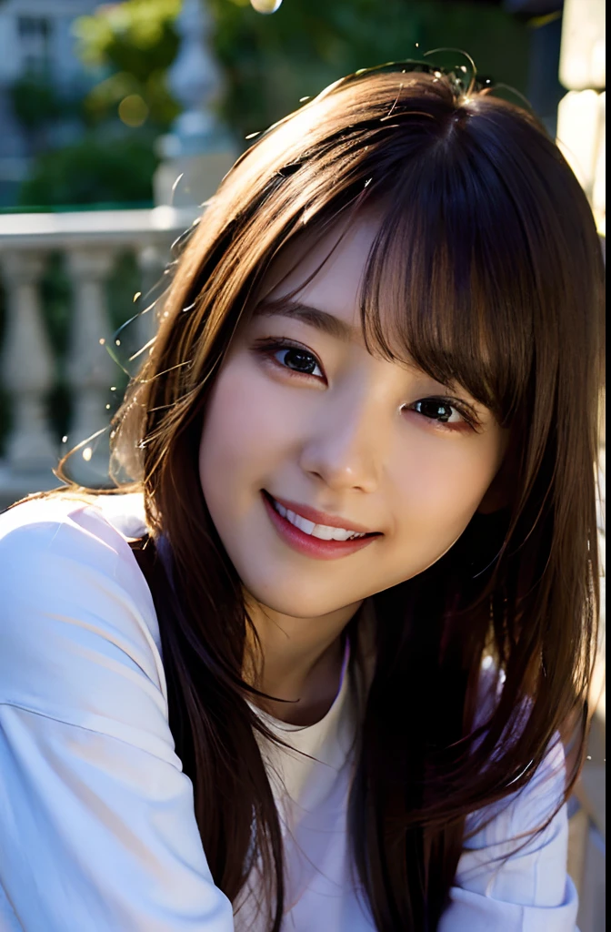 (8k, RAW photo, best quality, masterpiece:1.2), (realistic, photo-realistic:1.37), ultra-detailed, ultra high res,1 girl,looking at viewer,beautiful detailed face,smile,narrow,(slim waist:1.3),shirt, beautiful detailed skin, skin texture, floating hair,professional lighting,