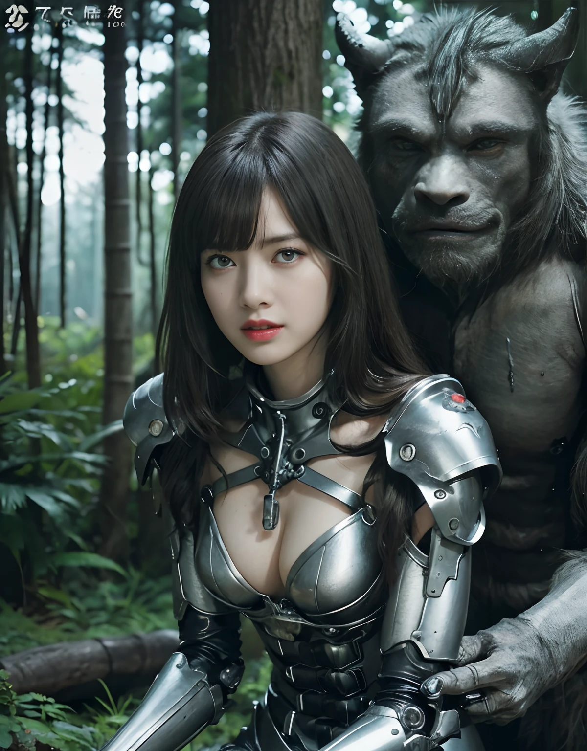 (1 Mechanical Girl)、top-quality、masterpiece、超A high resolution、(Photorealsitic:1.4)、Raw photo、1人、Fight mutants、(Mystical expression)、glowy skin、(((1 Mechanical Girl)))、With a beautiful knife、(Silver Metal Bodysuit)、(Kobold、ogre、Fierce battle with orcs),(Fight fiercely against aliens)、Fight fiercely、(beautiful forest background)、(Fighting Demonic Beasts)、(Small LED)、((super realistic details))、portlate、(Strong giant demon beast background),globalillumination、Shadow、octan render、8K、ultrasharp、Colossal tits、Raw skin is exposed in cleavage、metals、Details of complex ornaments、Japan details、highly intricate detail、Realistic light、(Mystical expression),CGSoation Trends、Blue eyes、radiant eyes、Facing the camera、neon details、(Mechanical limbs)、(blood vessels connected to tubes)、Mechanical vertebrae attached to the back、mechanical cervical attaching to neck、(Wires and cables connecting to the head)、Gundam、Small LED、,Mechanical thighs、Toostock、(Hands are also made of machines)、(Attack of the Monster Beasts)、(Wounded in a deadly battle)、