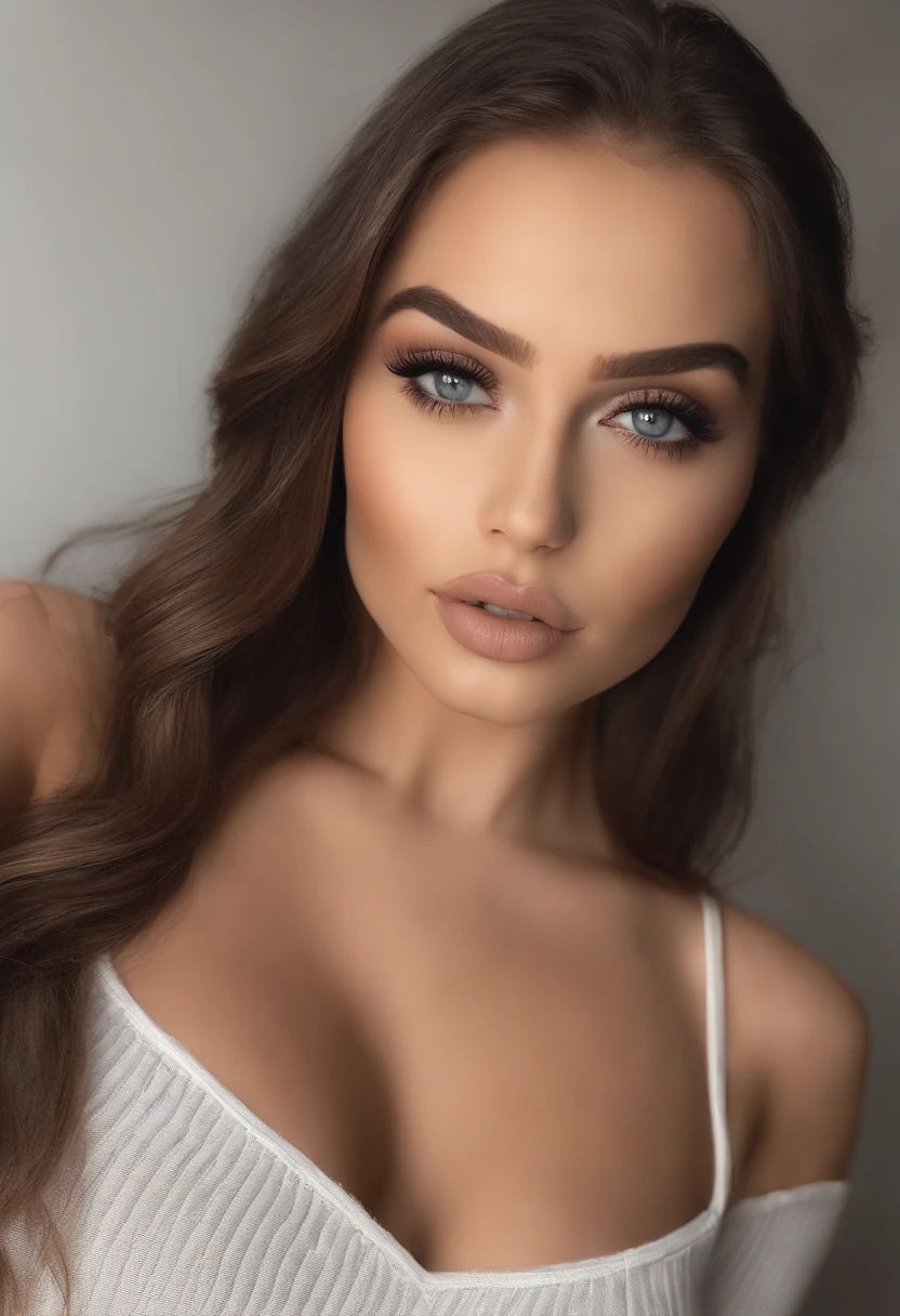 mulher arafed totalmente , com olhos azuis, ultra realistic, meticulosamente detalhado, Retrato Sophie Mudd, cabelos loiros e olhos grandes, selfie de uma jovem mulher, Olhos do quarto, Violeta Myers, sem maquiagem, maquiagem natural, Looking directly at the camera, Rosto com ArtGram, maquiagem sutil, impressionante tiro de corpo inteiro ajoelhado na cama, no quarto, busto de tamanho grande