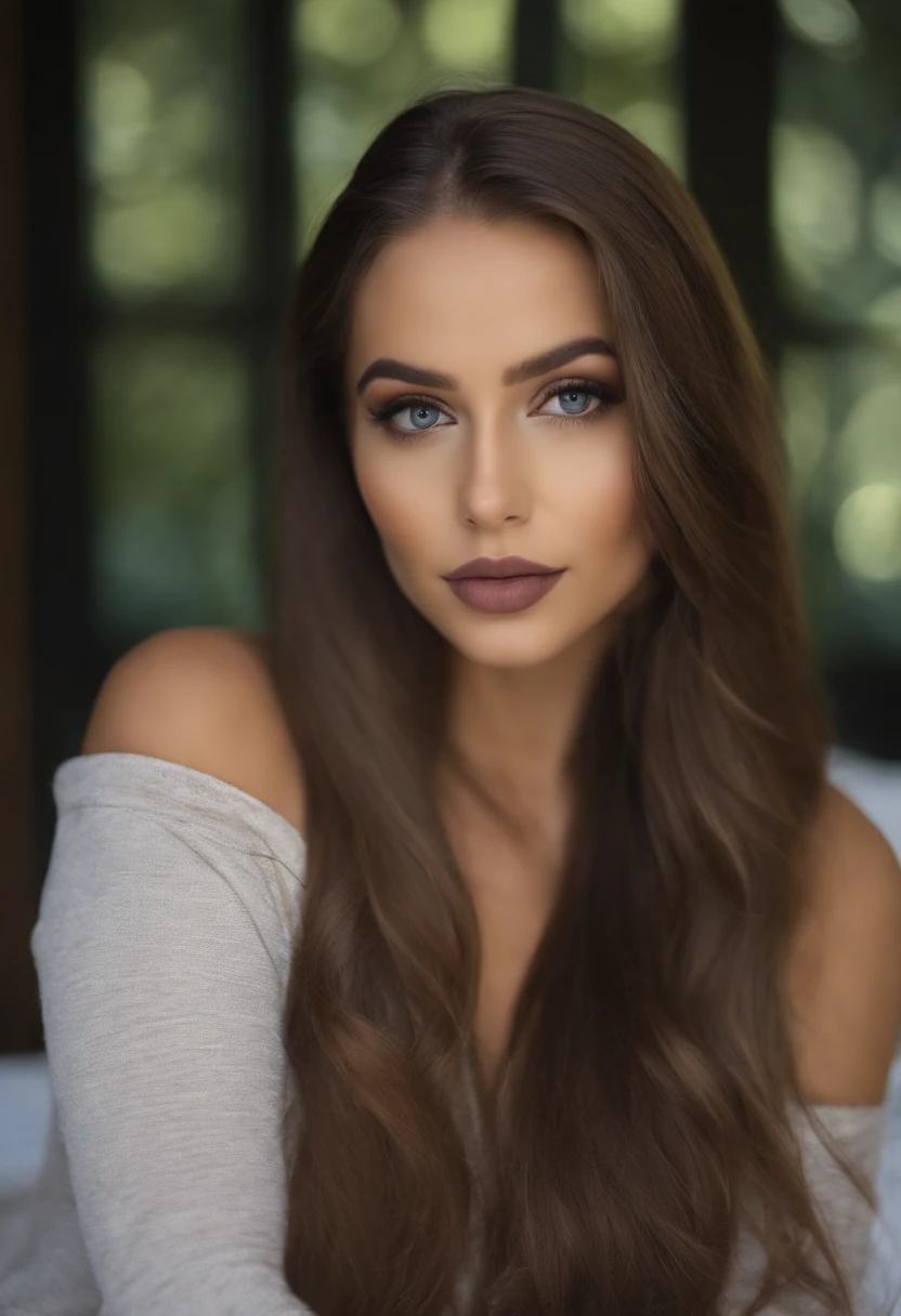 Arafed woman completely , fille sexy aux yeux bruns, ultra realist, Meticulously detailed, Portrait Sophie Mudd, cheveux bruns et grands yeux, selfie of a young woman, Yeux de chambre, Violet Myers, sans maquillage, maquillage naturel, looking straight at camera, Visage avec Artgram, Maquillage subtil, Great photo of the whole body kneeling on the bed, dans la chambre, Medium to large bust, hispanique