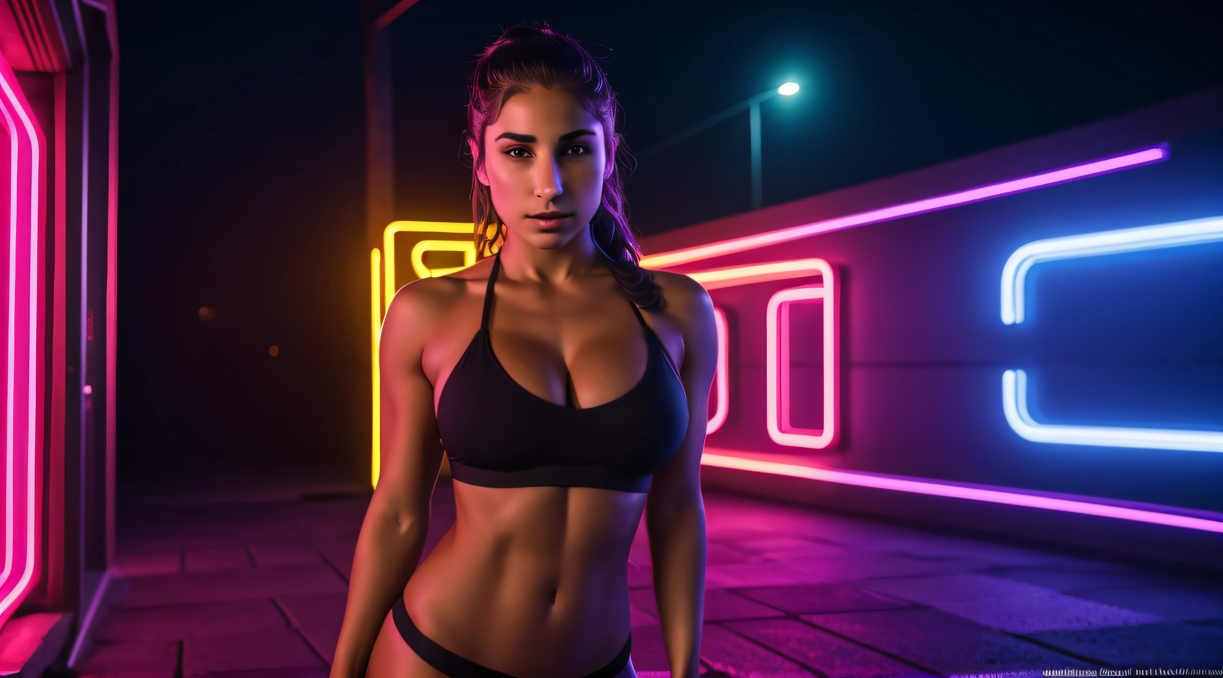 (obra prima) (ultradetalhada) (ultrarrealista |) abella danger, roupas provocativas, noite, Neon light, Foto premiada, BLN-L24, exposure,Alto contraste,low saturation,high saturation 8k 3D, f 2.8 lentes, Cinematic lighting