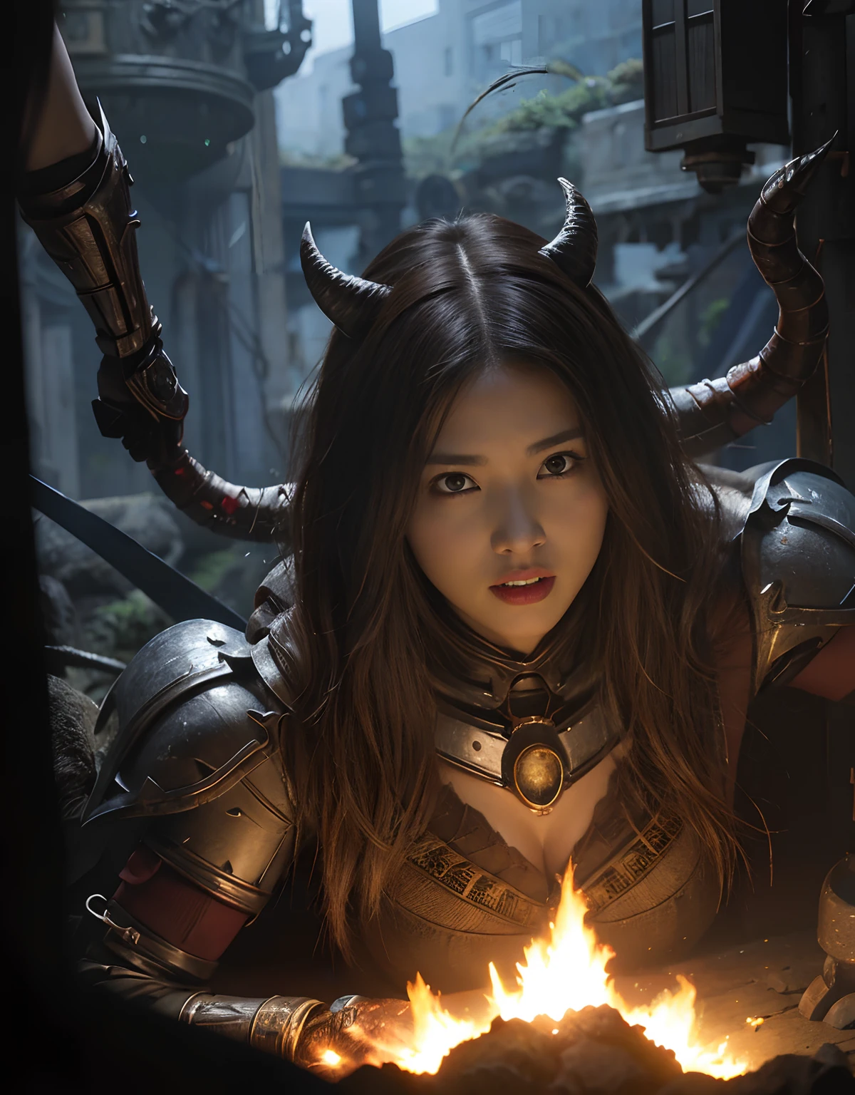 (One Knight Girl)、top-quality、​masterpiece、超A high resolution、(Photorealsitic:1.4)、Raw photo、1人、Fight mutants、（Wear the Dark Knight's Armor）、glowy skin、(((Dark Fantasy)))、With a beautiful sword and shield、（Black Metal Bodysuit）、(Fight goblins、ogre、Fierce battle with orcs),（Fight fiercely against aliens）、Fight fiercely、(Skeleton collective background),(Background of decaying dungeon ruins)、（Skeleton helmet）、(Fighting Demonic Beasts)、(Small LED)、((super realistic details))、portlate、(Strong giant demon beast background),globalillumination、Shadow、octan render、8K、ultrasharp、Colossal tits、Raw skin is exposed in cleavage、metals、Details of complex ornaments、Japan details、highly intricate detail、Realistic light、(Mystical expression),CGSoation Trends、Red Eyes、radiant eyes、Facing the camera、neon details、(Mechanical limbs)、(blood vessels connected to tubes)、()、Gundam、Small LED、Toostock、（Fight aliens on another planet）、（Attack of the Monster Beasts）、（Wounded in a deadly battle）、