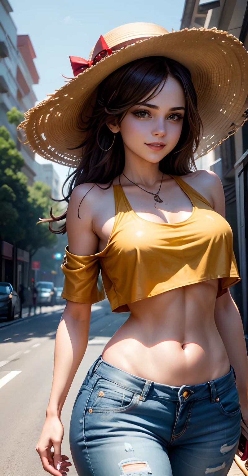Huge smiling 0.6), (open mouth:0.4), (wide open eyes:1.2) masterpiece,high quality,4k ,((selena Gomez:Emma Watson:0.8)),small red trilby hat, bare shoulder,belly, heavy Tattoos on the belly and Arms, wearing Goggles, wearing metallic yellow crop top with open transparent shirt, outdoor, red eyes,jeans,casual dress, walking on the road side.((extremely detailed face)) ((perfect hands))