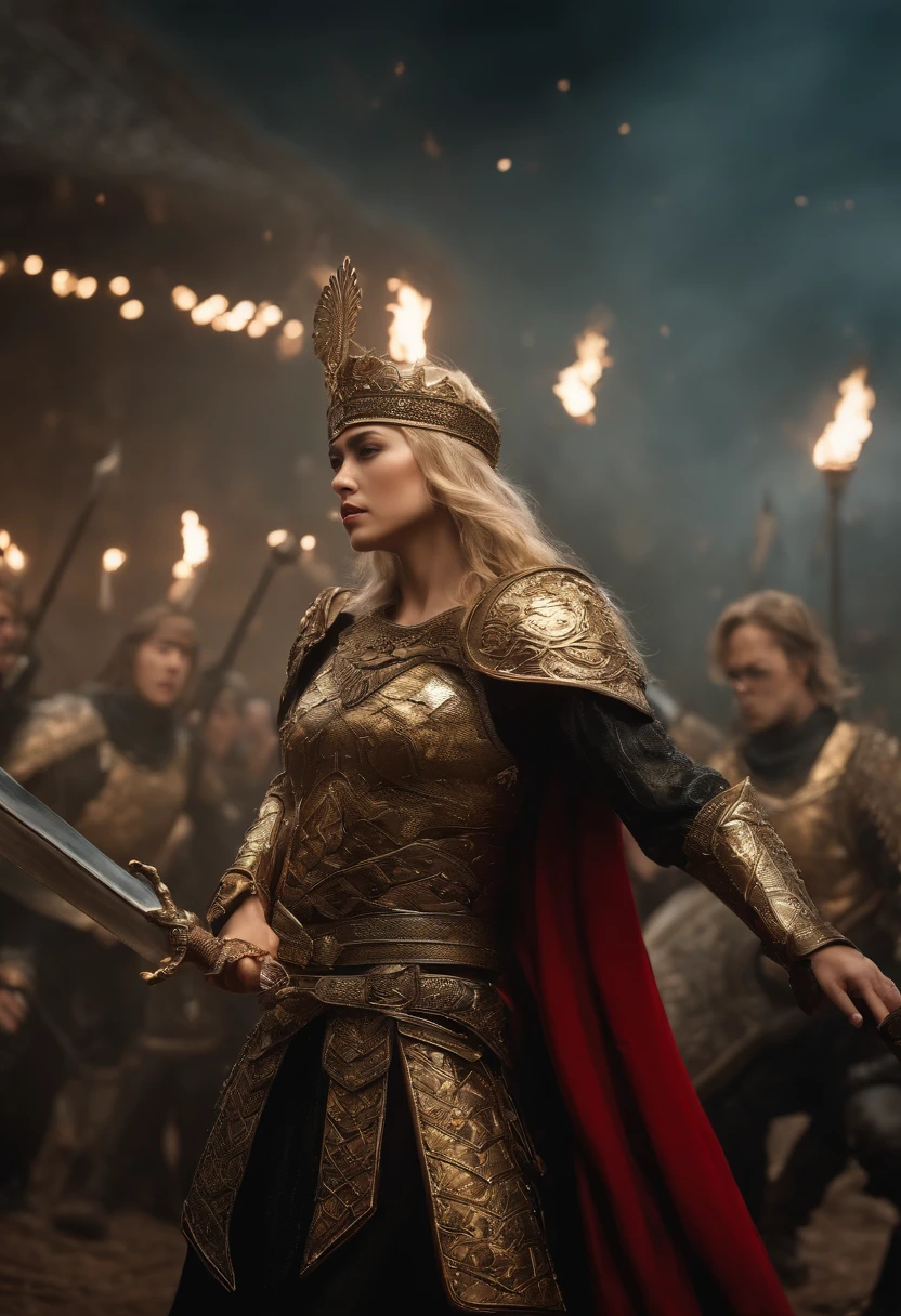 masterpiece,8k,ultra-detailed,best quality,battlefield,(background:the warriors are fighting,red warriors,green warriors,jumping,hack,slash),(middle ground:queens are fighting,blonde hair queen,Amber Heard,black hair queen,Park Bo-young,Fighting Pose),The lighting is dark and gloomy,exquisite golden armor,exquisite golden crown,exquisitely carved silver sword,exquisitely eagle helmet.