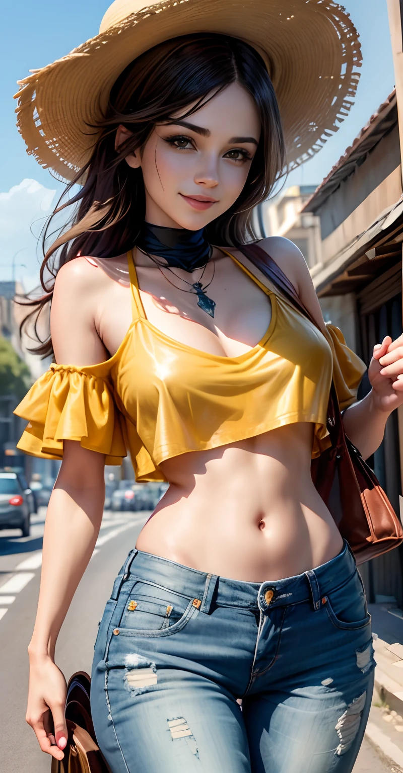 (real, High resolution:1.3),Full body photo、 One girl with a perfect body,Japanese Idols、Very beautiful face and eyes,(Thin eyebrows:1.3)、long brown hair, (Thin bandeau:1.7)、Big Breasts,Exposing cleavage、((Best image quality、8K、masterpiece:1.3))、Full Body Shot、1 photo、sharpness of focus:1.2、Beautiful woman with great style:1.4、Thin abdominal muscles:1.2、((Giant tit:1.4))、(Exposure of the lower part of the breast:1.5)、(Tokyo at Night:1.1)、Highly detailed face and skin texture、Detailed Eyes、double eyelid、Sexy hip bones、Beautiful hipbone skin、(Exposed hip bone:1.2)、Narrow waist、Skinny Body、Firm lower abdominal muscles、(Low Rise Micro Mini Skirt:1.6)、(Show your underbelly:1.5)、(Exposing skin above the groin:1.6)、(Skin exposure of the ilium:1.6)、(The underboob is showing:1.7)、