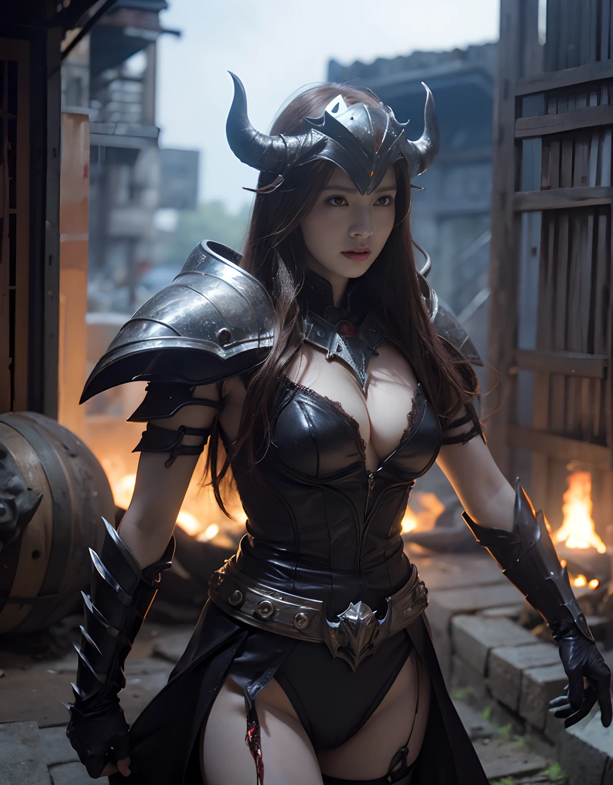 (One Knight Girl)、top-quality、masterpiece、超A high resolution、(Photorealsitic:1.4)、Raw photo、女の子1人、Fight mutants、(Wear the Dark Knight's Armor)、glowy skin、(((Dark Fantasy)))、With a beautiful sword and shield、(Black Metal Bodysuit)、(Fight goblins、ogre、Fierce battle with orcs),(Fight fiercely against aliens)、Fight fiercely、(Skeleton collective background),(Background of decaying dungeon ruins)、(Skeleton helmet)、(Fighting Demonic Beasts)、(Small LED)、((super realistic details))、portlate、(Strong giant demon beast background),globalillumination、Shadow、octan render、8K、ultrasharp、Colossal tits、Raw skin is exposed in cleavage、metals、Details of complex ornaments、Japan details、highly intricate detail、Realistic light、(Mystical expression),CGSoation Trends、Red Eyes、radiant eyes、Facing the camera、neon details、(Mechanical limbs)、(blood vessels connected to tubes)、()、Gundam、Small LED、Toostock、(Fight aliens on another planet)、(Attack of the Monster Beasts)、(Wounded in a deadly battle)、